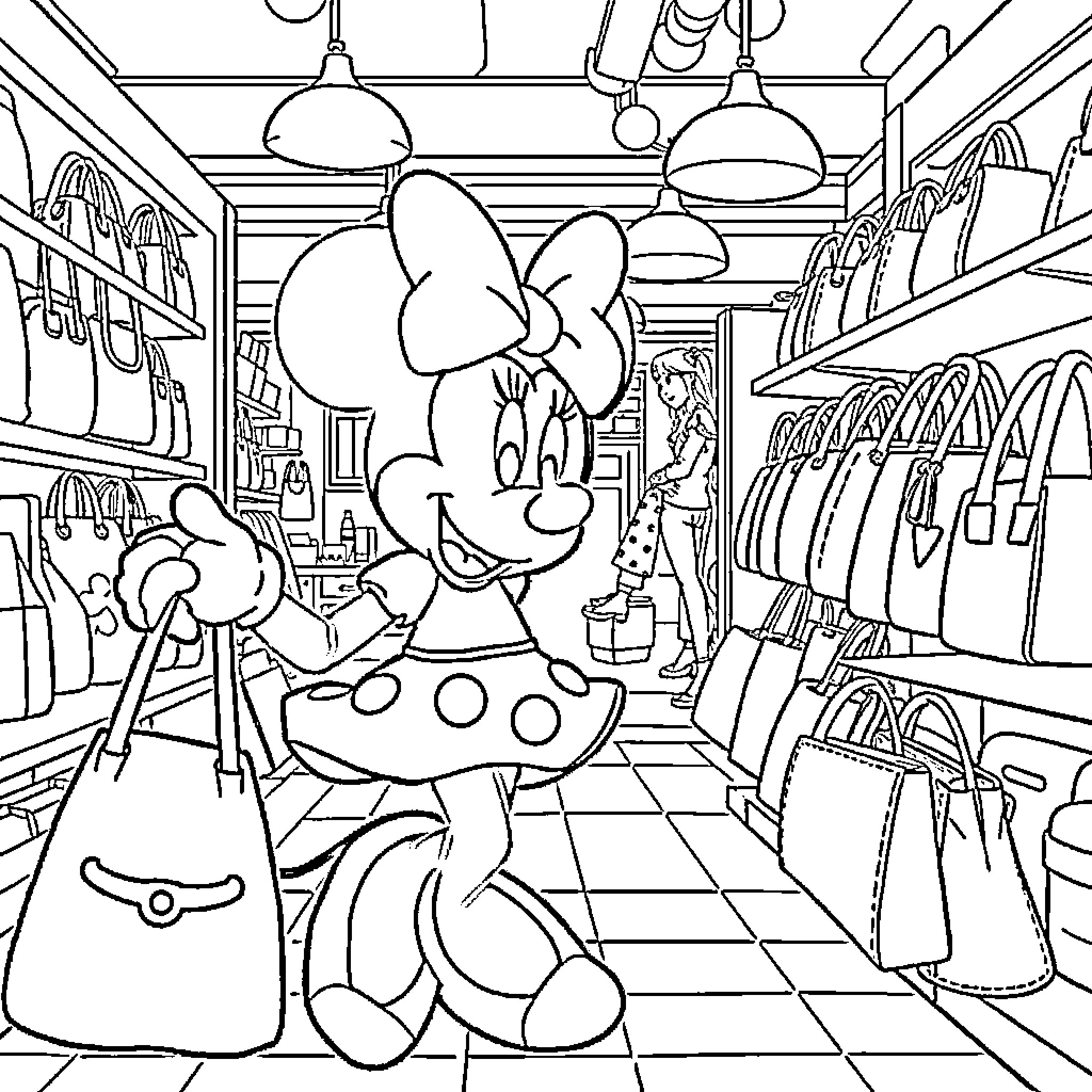 Minnie Mouse Shopping in a Colorful Store Coloring Page (free black-and-white line drawing printable PDF for all, from beginners to advanced learners, including children, teens, adults, and seniors)