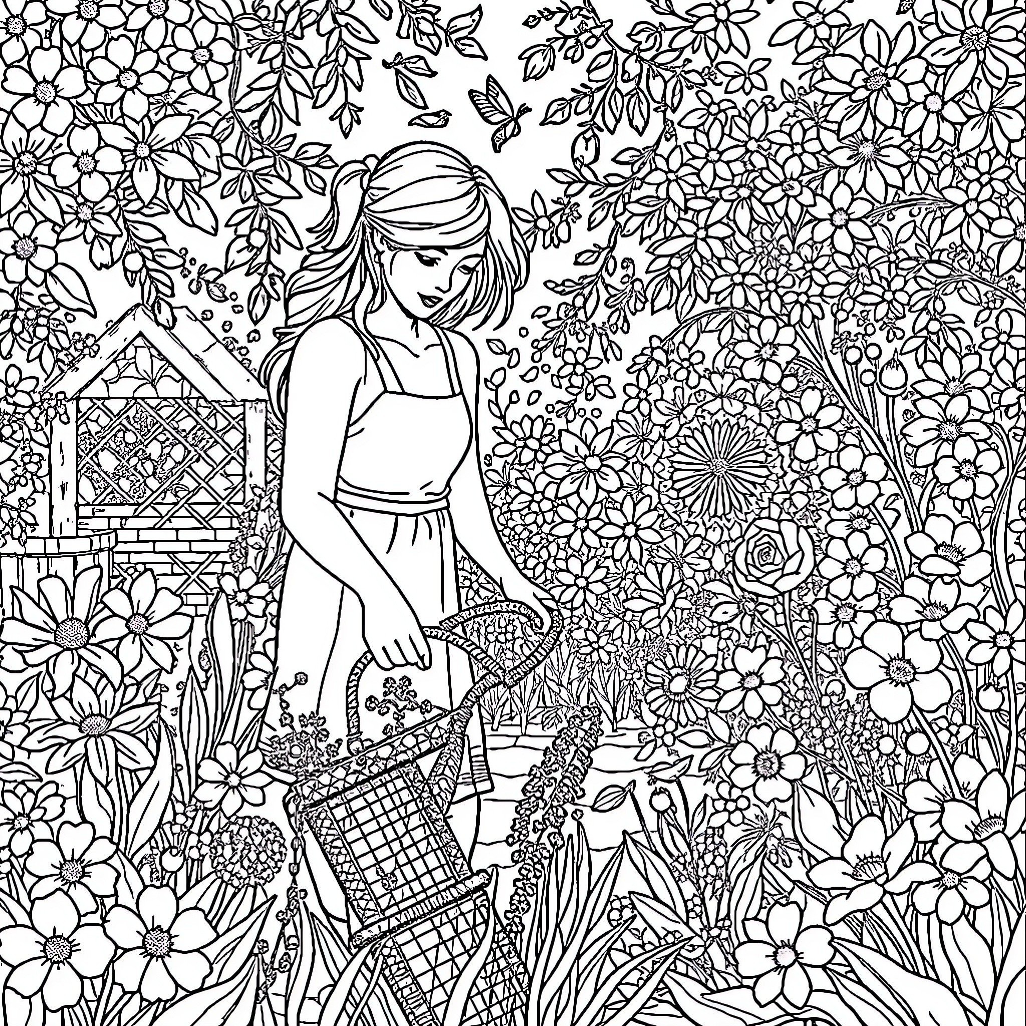 Woman tending to her garden filled with beautiful flowers Coloring Page (free black-and-white line drawing printable PDF for all, from beginners to advanced learners, including children, teens, adults, and seniors)