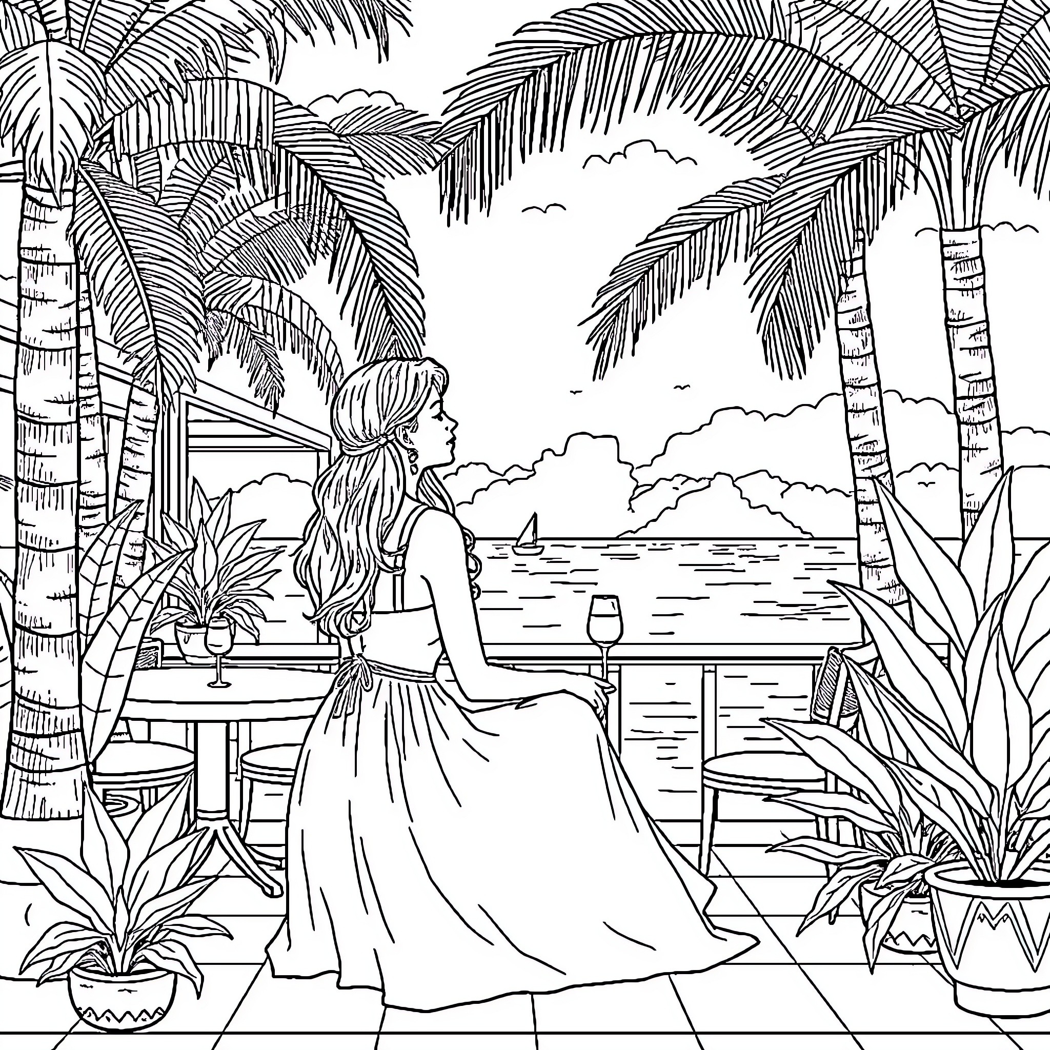 Girl relaxing by the tropical beach Coloring Page (free black-and-white line drawing printable PDF for all, from beginners to advanced learners, including children, teens, adults, and seniors)