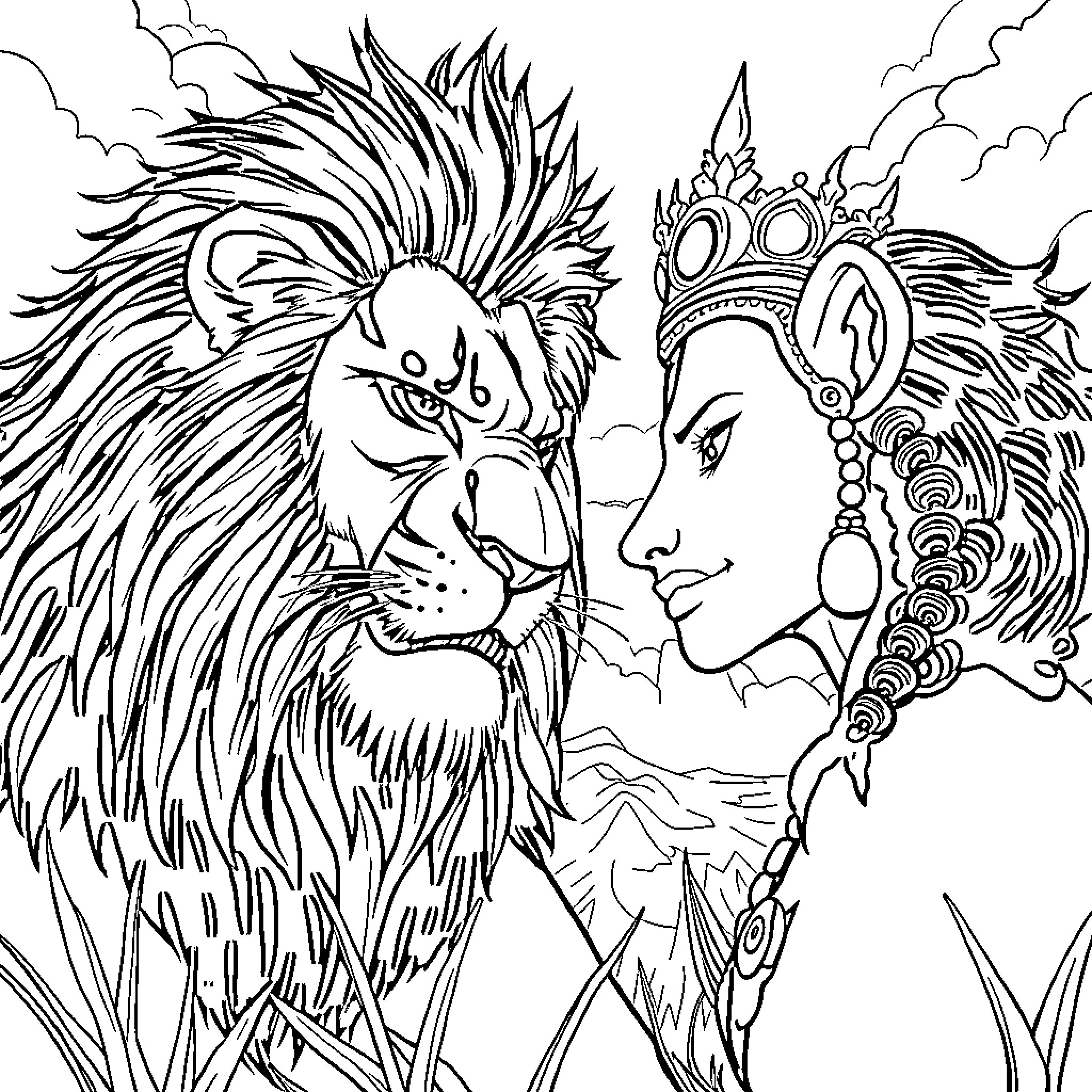 Scar of the Majestic Lion and Crowned Queen Coloring Page (free black-and-white line drawing printable PDF for all, from beginners to advanced learners, including children, teens, adults, and seniors)