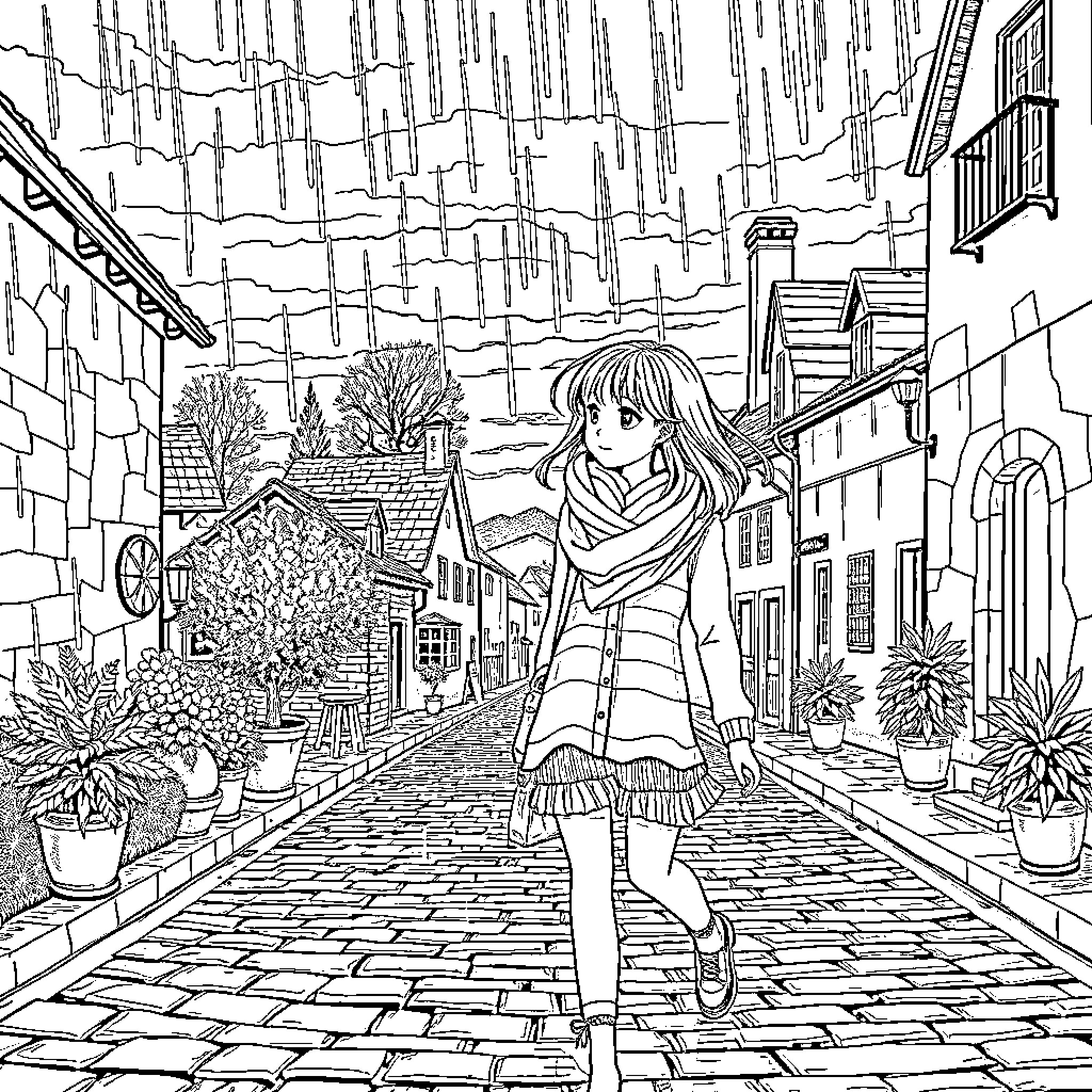 Girl walking through cozy town in winter Coloring Page (free black-and-white line drawing printable PDF for all, from beginners to advanced learners, including children, teens, adults, and seniors)