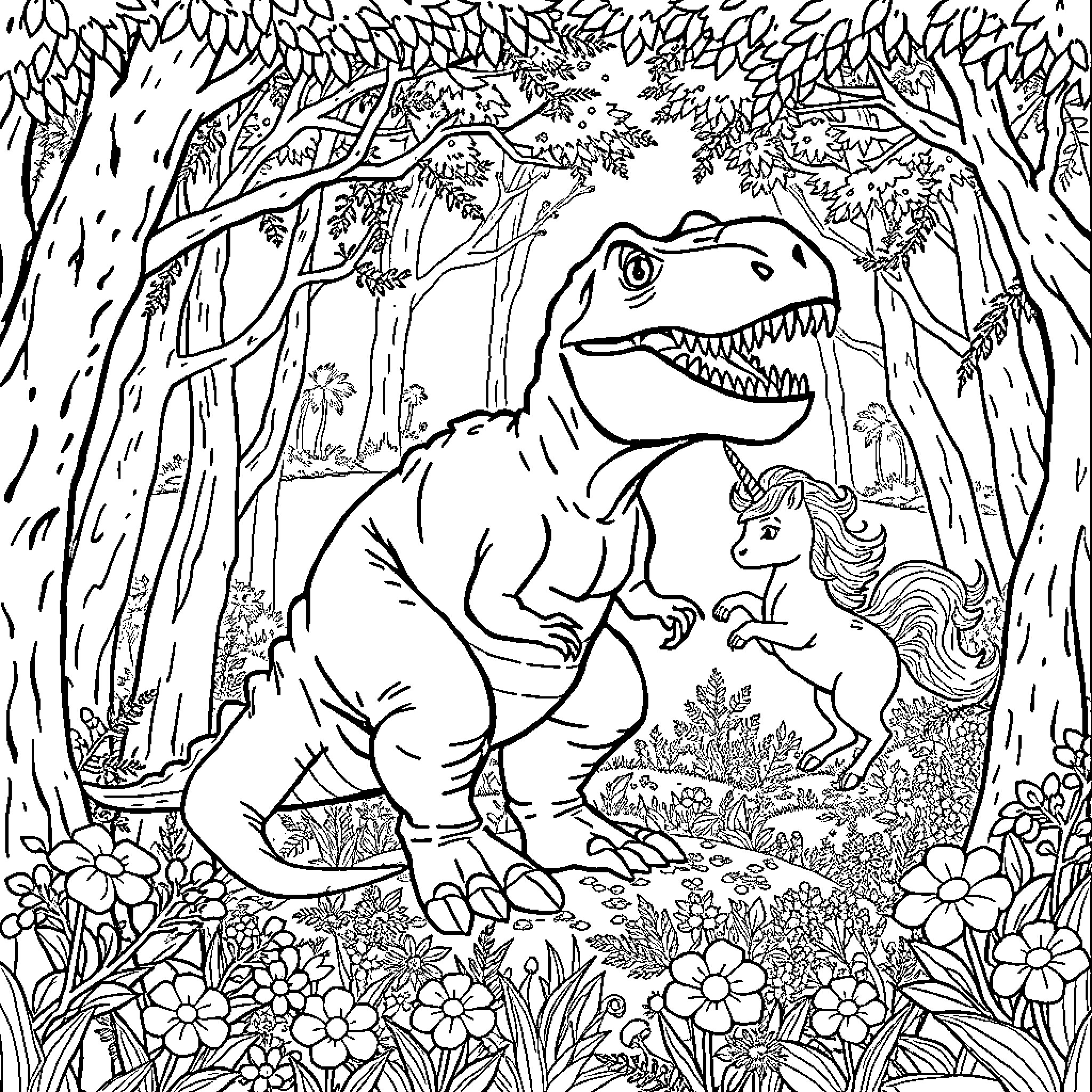 T-Rex interacting with a unicorn in the forest Coloring Page (free black-and-white line drawing printable PDF for all, from beginners to advanced learners, including children, teens, adults, and seniors)