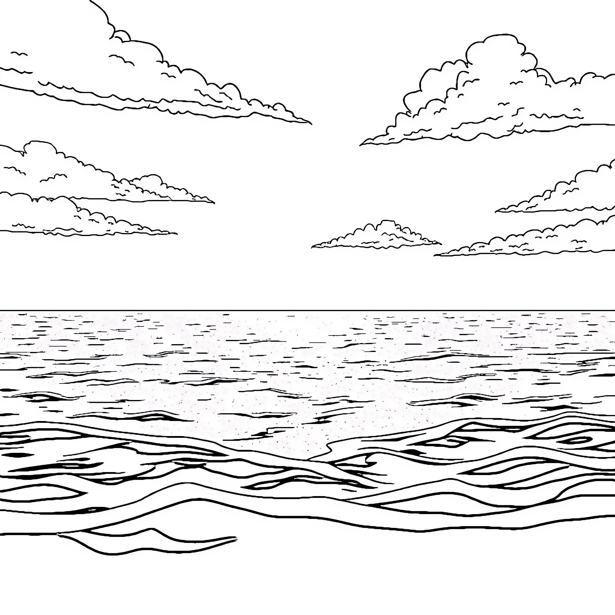 Sea of Clouds and Waves Coloring Page (free black-and-white line drawing printable PDF for all, from beginners to advanced learners, including children, teens, adults, and seniors)