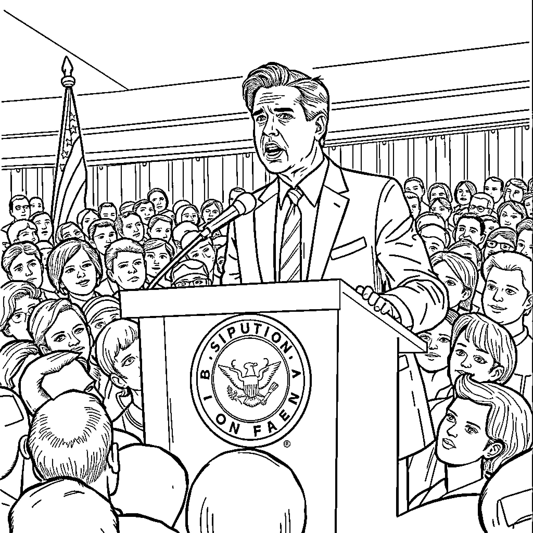 Gavin Newsom addressing an enthusiastic crowd Coloring Page (free black-and-white line drawing printable PDF for all, from beginners to advanced learners, including children, teens, adults, and seniors)