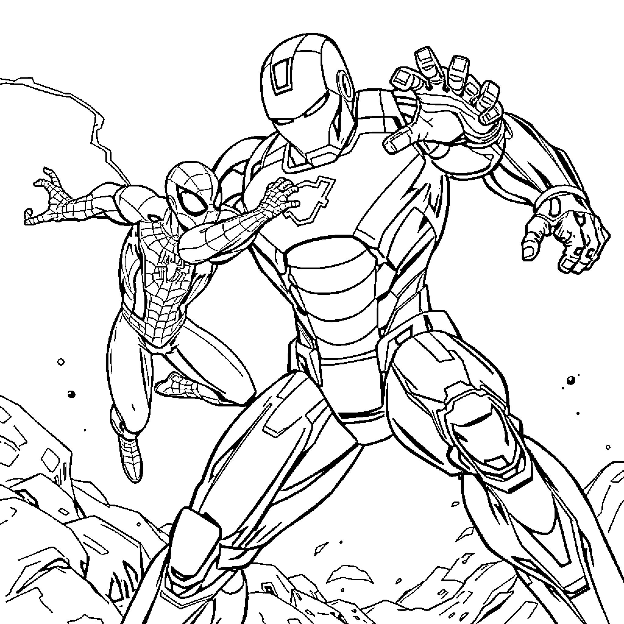 Iron Man and Spider-Man Heroic Clash Coloring Page (free black-and-white line drawing printable PDF for all, from beginners to advanced learners, including children, teens, adults, and seniors)