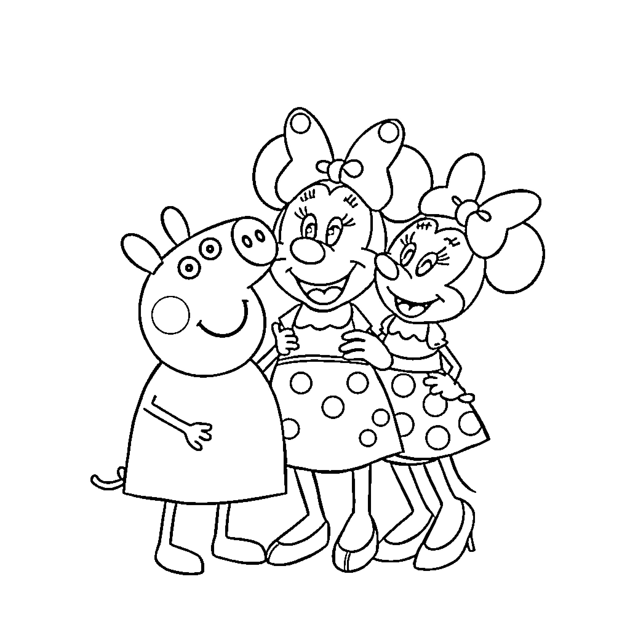 Peppa Pig and Friends Posing Together Coloring Page (free black-and-white line drawing printable PDF for all, from beginners to advanced learners, including children, teens, adults, and seniors)