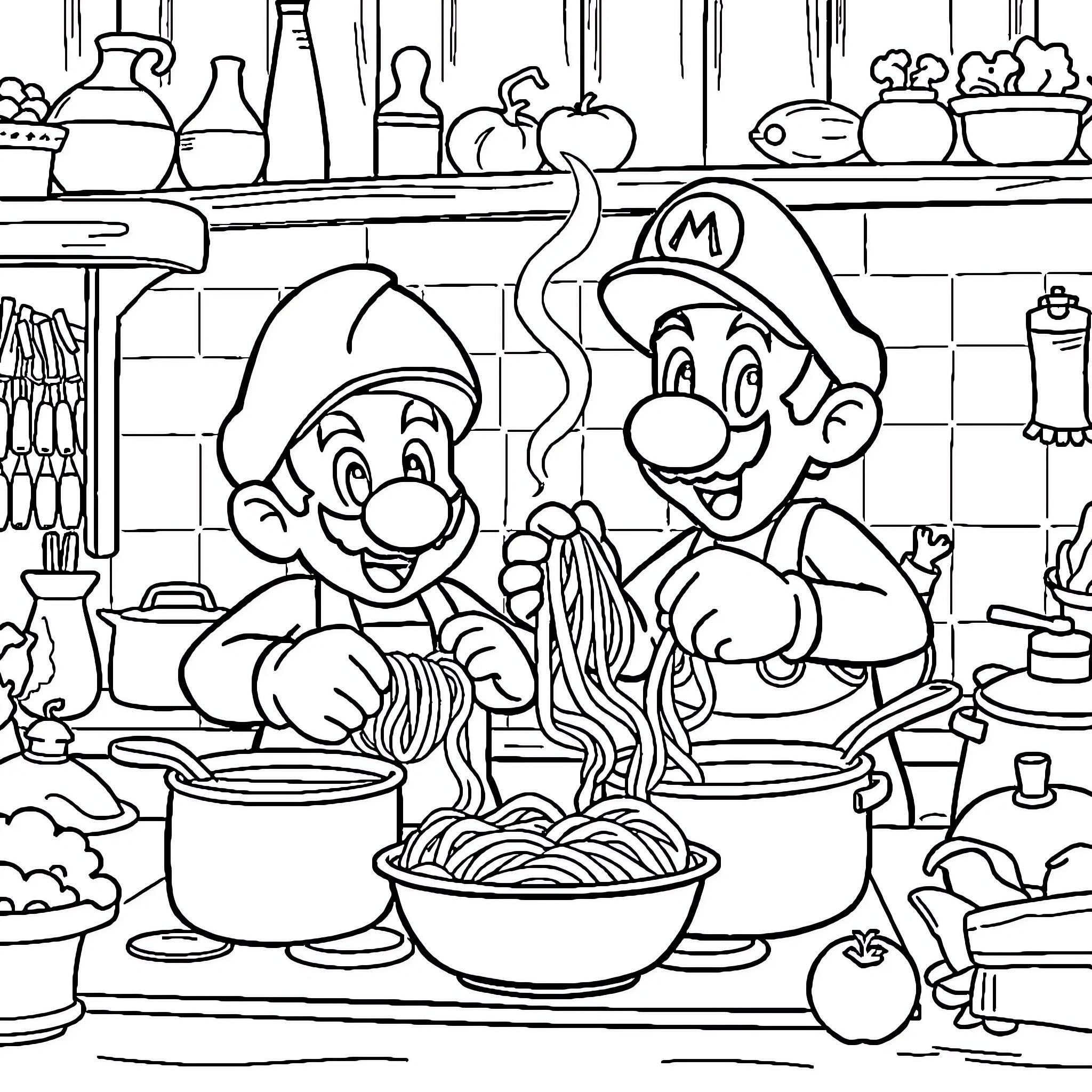 Mario and Luigi cooking in the kitchen Coloring Page (free black-and-white line drawing printable PDF for all, from beginners to advanced learners, including children, teens, adults, and seniors)