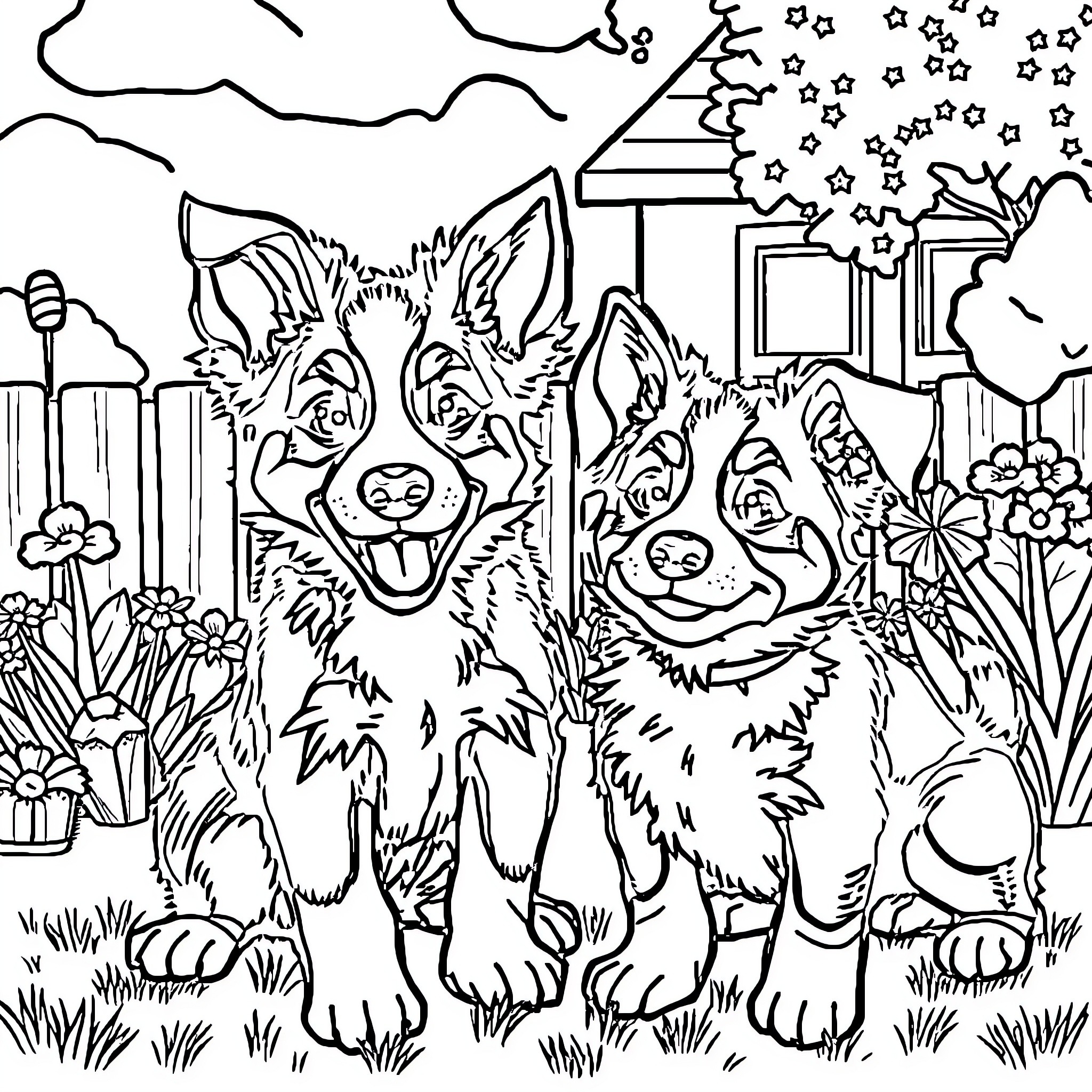 Bluey and Bingo playing happily in their backyard Coloring Page (free black-and-white line drawing printable PDF for all, from beginners to advanced learners, including children, teens, adults, and seniors)