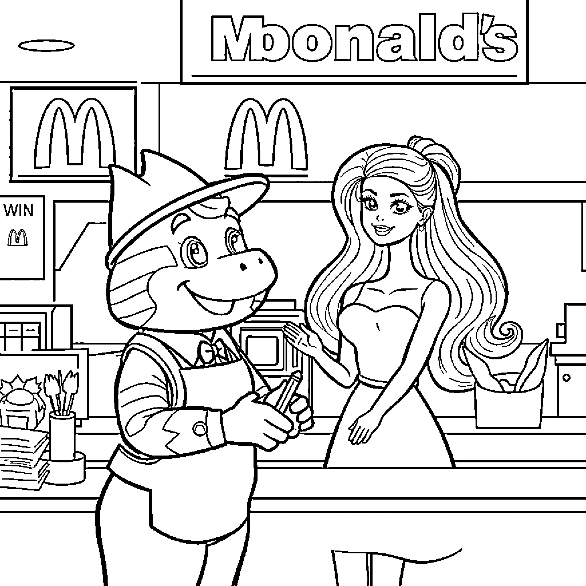 Labubu's Fun Day at the Fast Food Restaurant Coloring Page (free black-and-white line drawing printable PDF for all, from beginners to advanced learners, including children, teens, adults, and seniors)