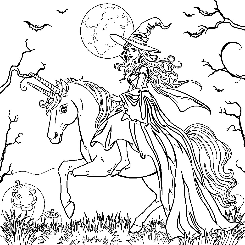Witch riding a unicorn under the moonlight Coloring Page (free black-and-white line drawing printable PDF for all, from beginners to advanced learners, including children, teens, adults, and seniors)