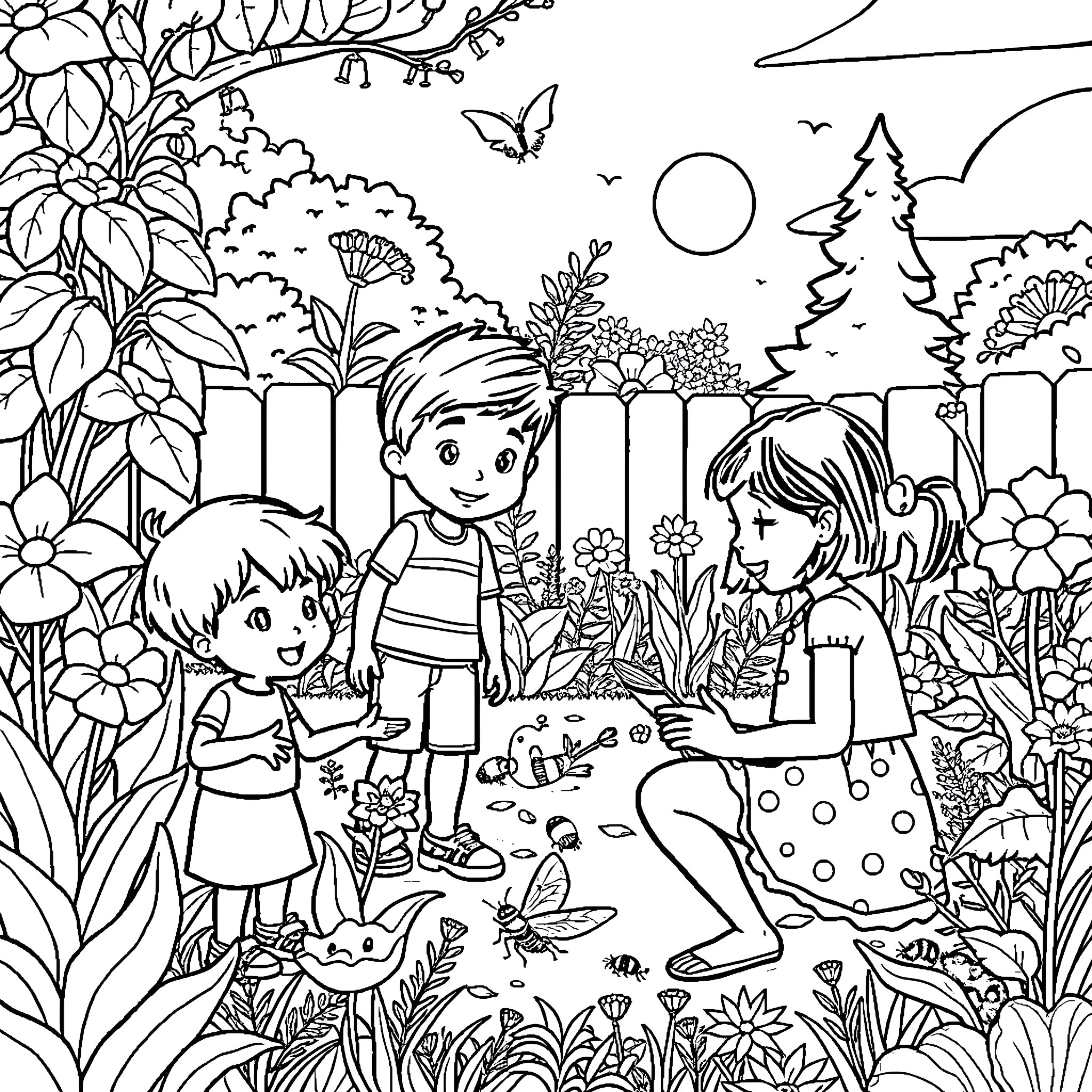 Honey I Shrunk the Kids - Children exploring enchanted garden Coloring Page (free black-and-white line drawing printable PDF for all, from beginners to advanced learners, including children, teens, adults, and seniors)