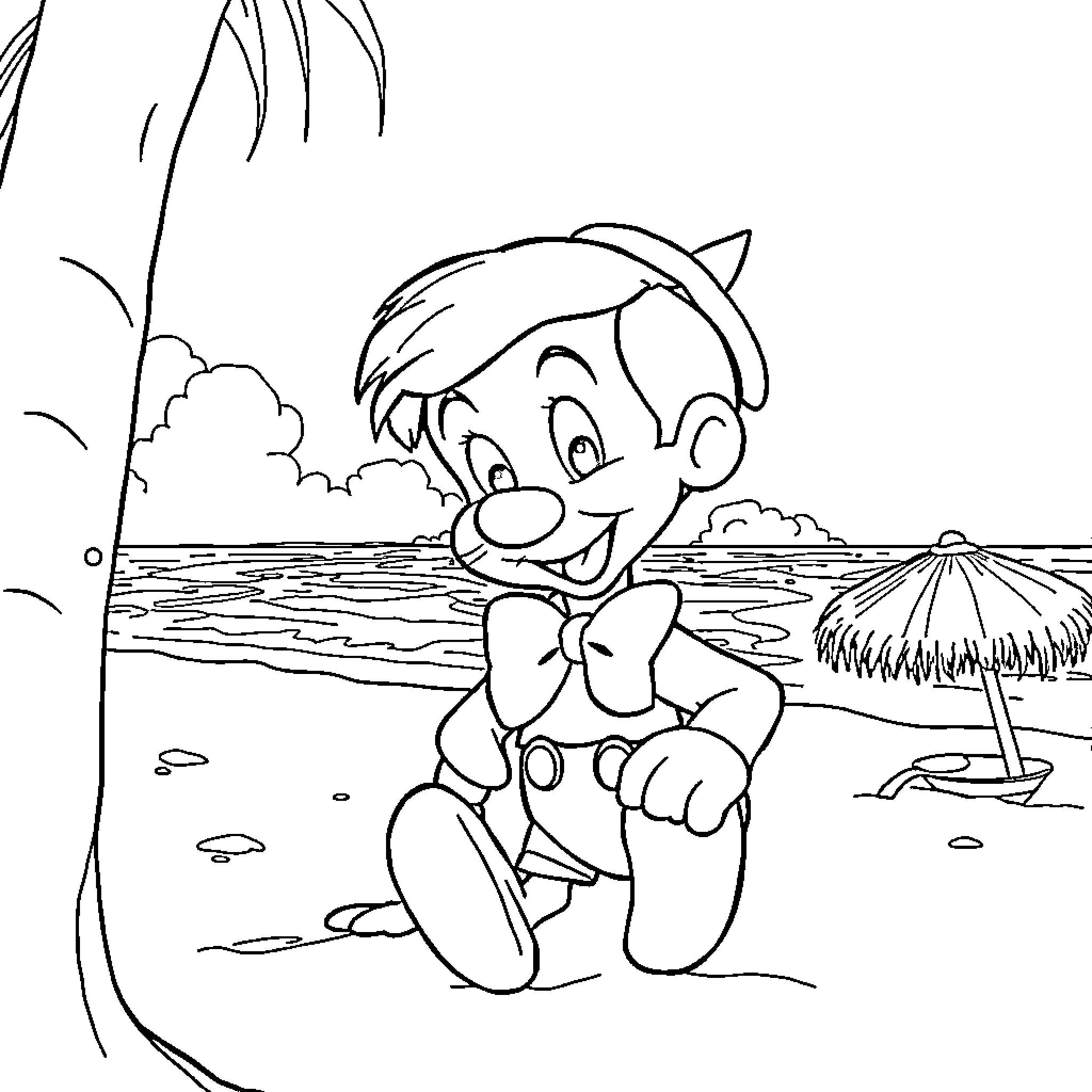 Pinocchio's Beach Day Adventure Coloring Page (free black-and-white line drawing printable PDF for all, from beginners to advanced learners, including children, teens, adults, and seniors)
