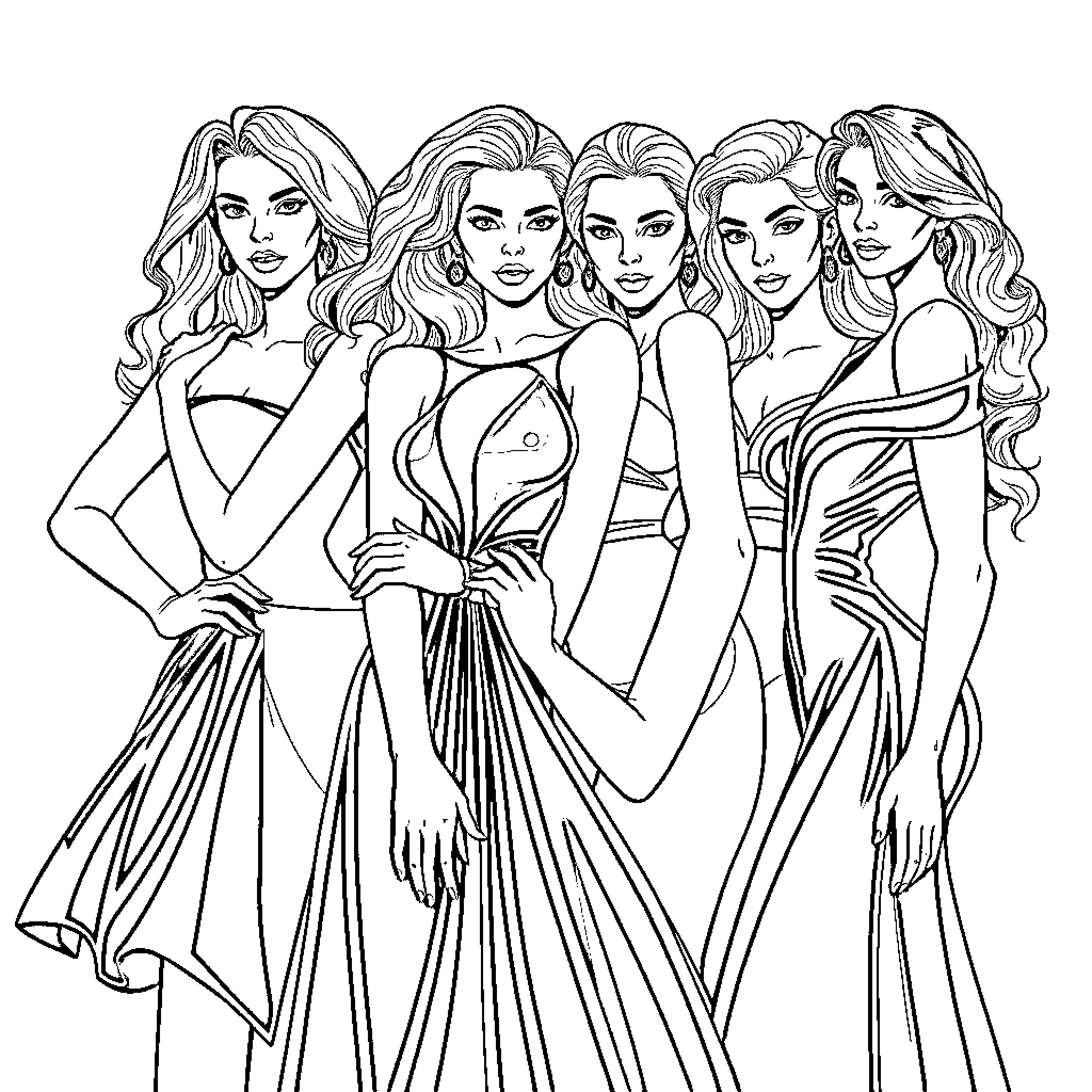 Women in stylish evening dresses posing together Coloring Page (free black-and-white line drawing printable PDF for all, from beginners to advanced learners, including children, teens, adults, and seniors)