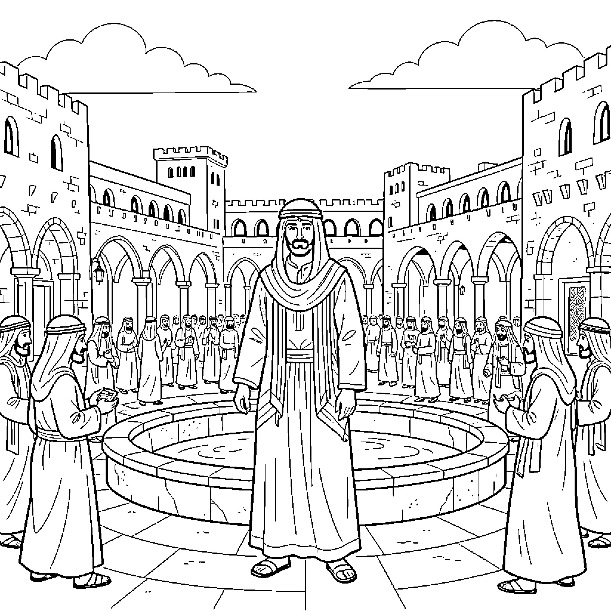 Prophet Ismael standing in a courtyard among many people Coloring Page (free black-and-white line drawing printable PDF for all, from beginners to advanced learners, including children, teens, adults, and seniors)