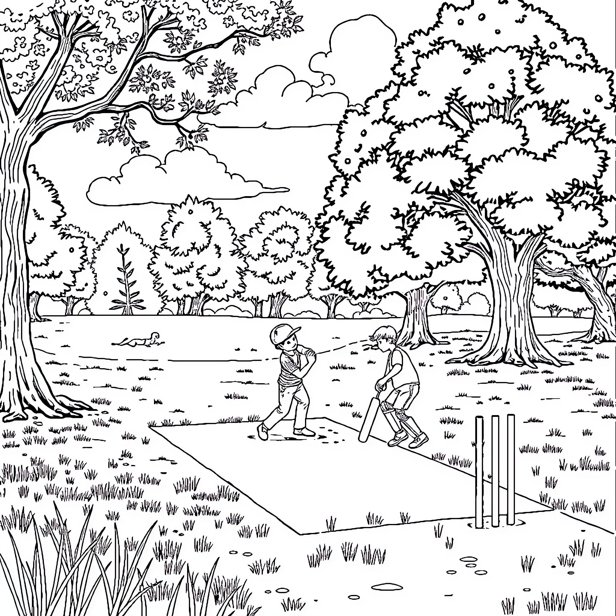 Boy playing cricket in the lush forest Coloring Page (free black-and-white line drawing printable PDF for all, from beginners to advanced learners, including children, teens, adults, and seniors)