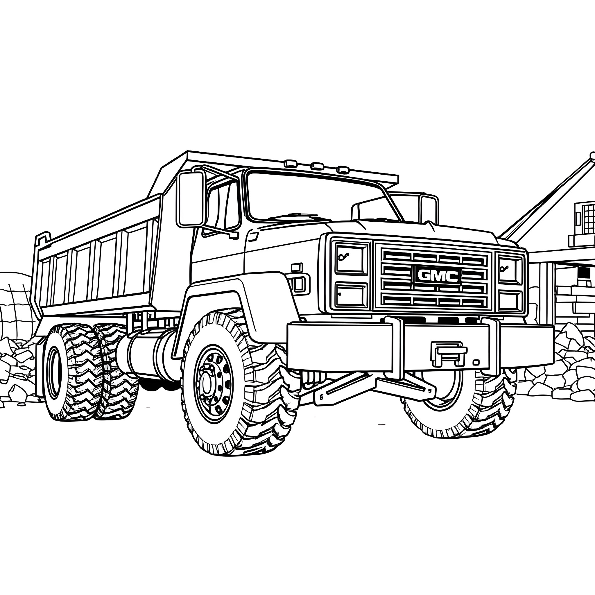 GMC Rugged Dump Truck on Construction Site Coloring Page (free black-and-white line drawing printable PDF for all, from beginners to advanced learners, including children, teens, adults, and seniors)