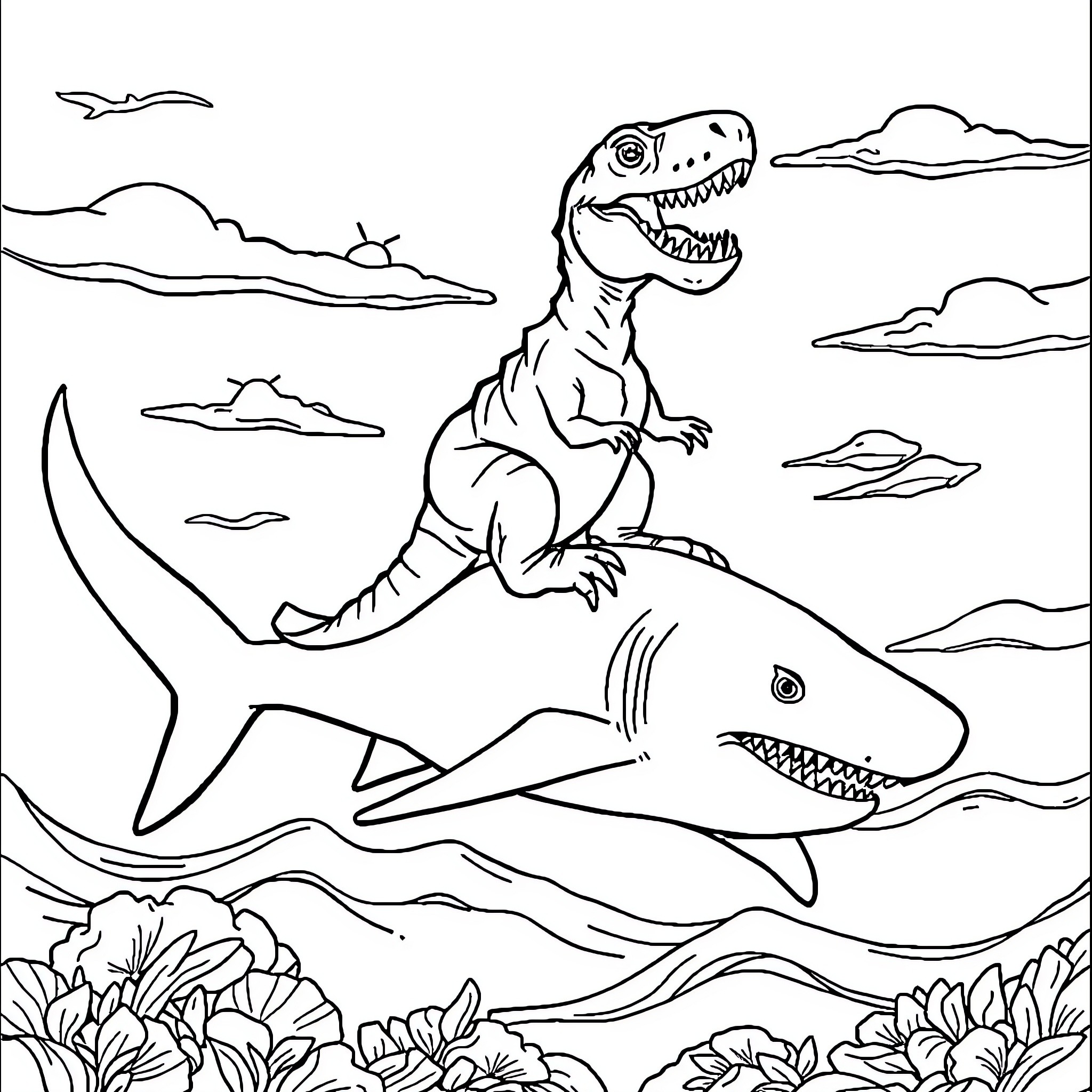 Dinosaur riding a shark in an underwater scene Coloring Page (free black-and-white line drawing printable PDF for all, from beginners to advanced learners, including children, teens, adults, and seniors)
