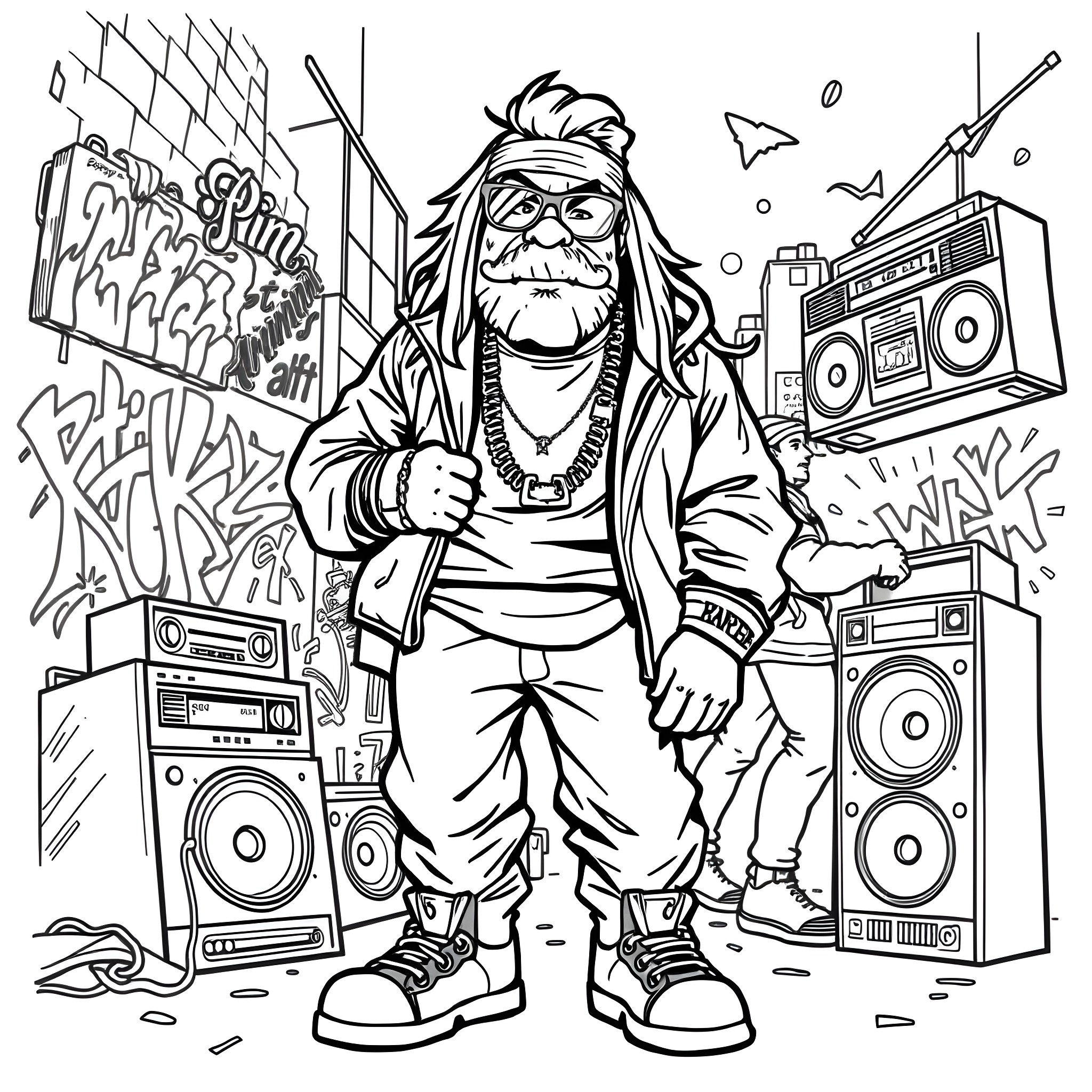 Grimace of the Graffiti Artist in the Urban Jungle Coloring Page (free black-and-white line drawing printable PDF for all, from beginners to advanced learners, including children, teens, adults, and seniors)