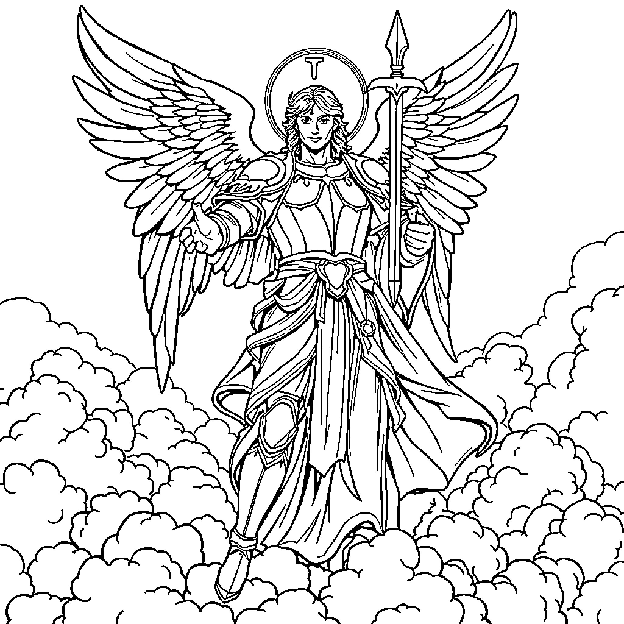 Archangel in Heavenly Splendor Coloring Page (free black-and-white line drawing printable PDF for all, from beginners to advanced learners, including children, teens, adults, and seniors)
