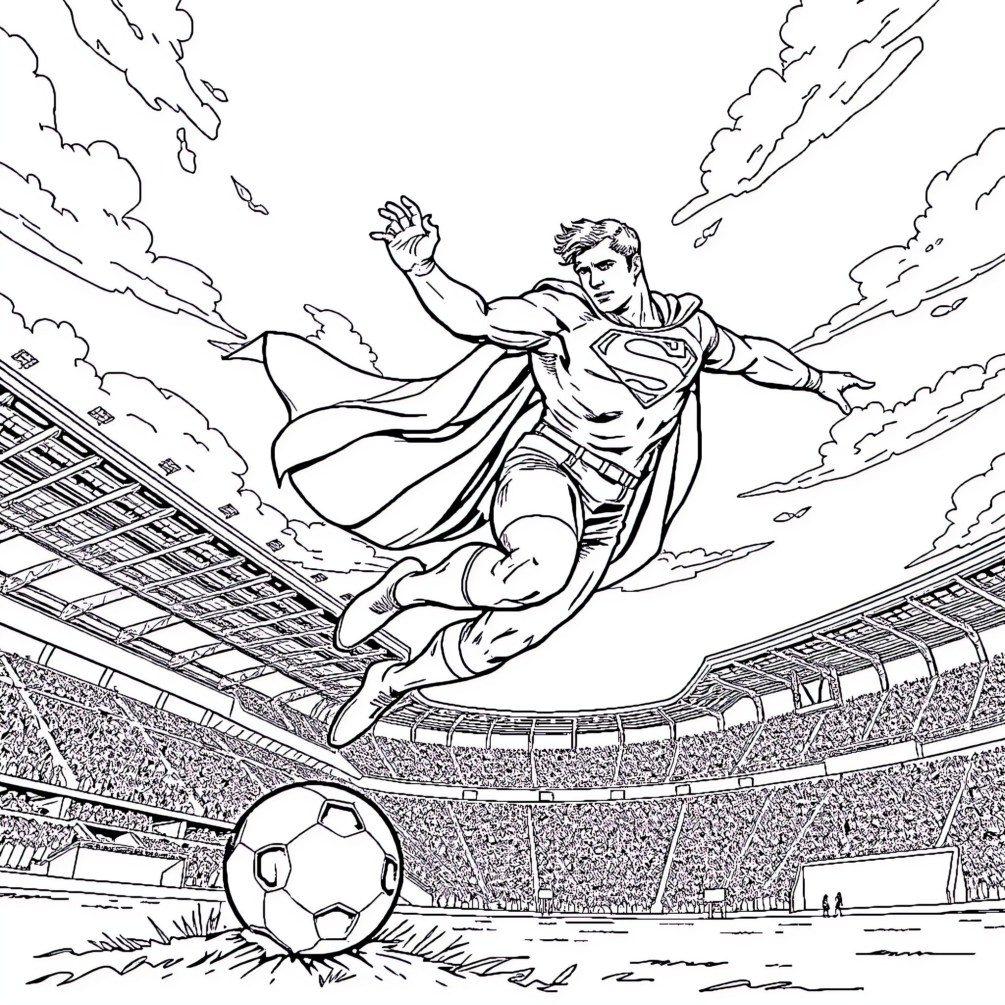 Superman heroically soars through the stadium Coloring Page (free black-and-white line drawing printable PDF for all, from beginners to advanced learners, including children, teens, adults, and seniors)