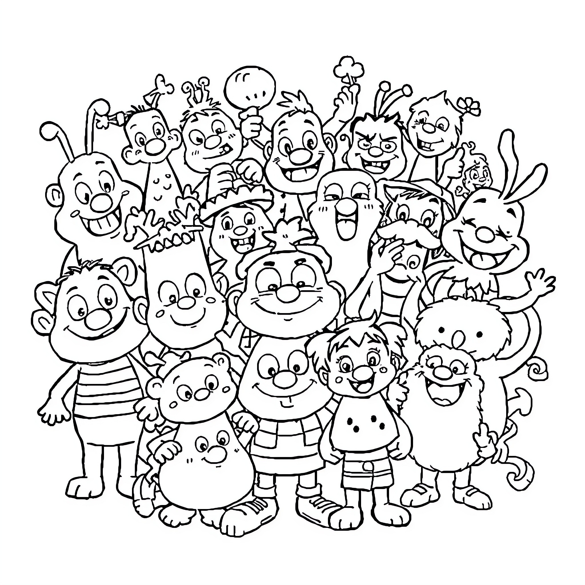 Drawing of a crowd of whimsical and cheerful cartoon characters Coloring Page (free black-and-white line drawing printable PDF for all, from beginners to advanced learners, including children, teens, adults, and seniors)
