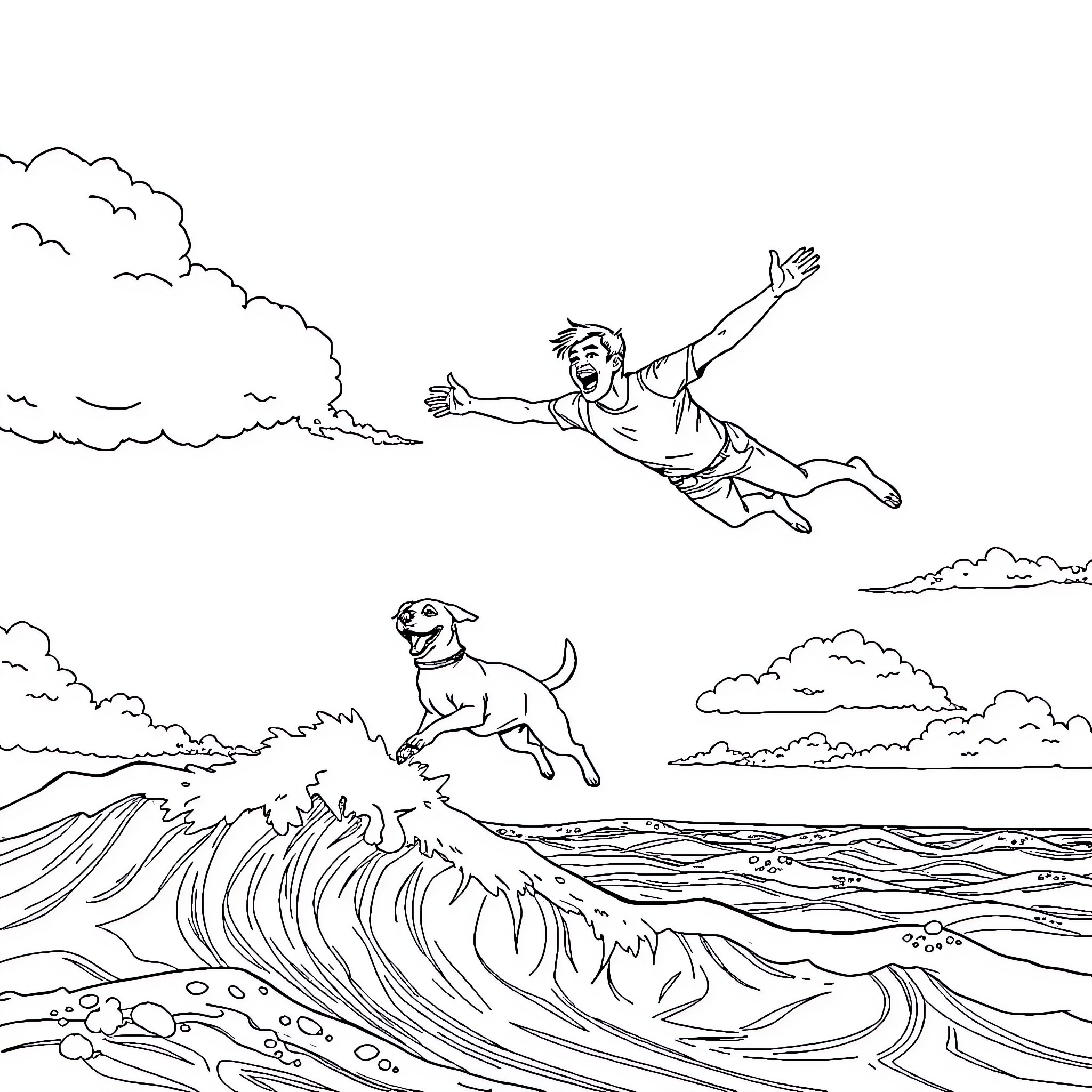 Man surfing excitedly with dog on ocean waves Coloring Page (free black-and-white line drawing printable PDF for all, from beginners to advanced learners, including children, teens, adults, and seniors)
