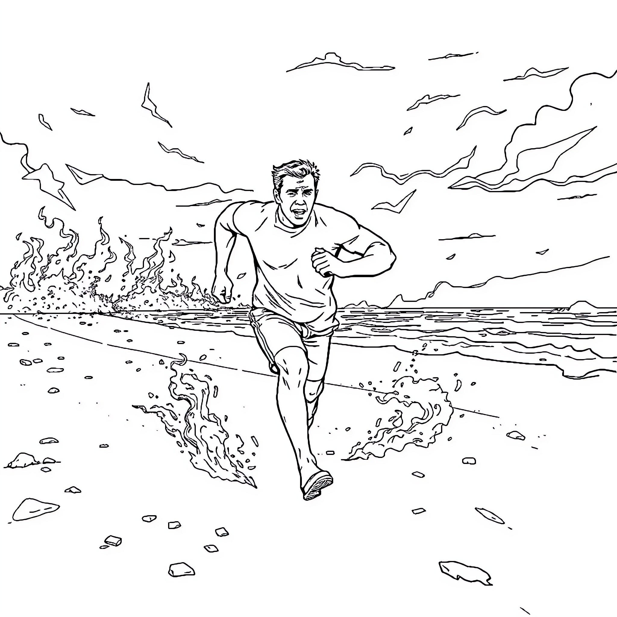 Tony Ferguson running through a fiery beach landscape Coloring Page (free black-and-white line drawing printable PDF for all, from beginners to advanced learners, including children, teens, adults, and seniors)