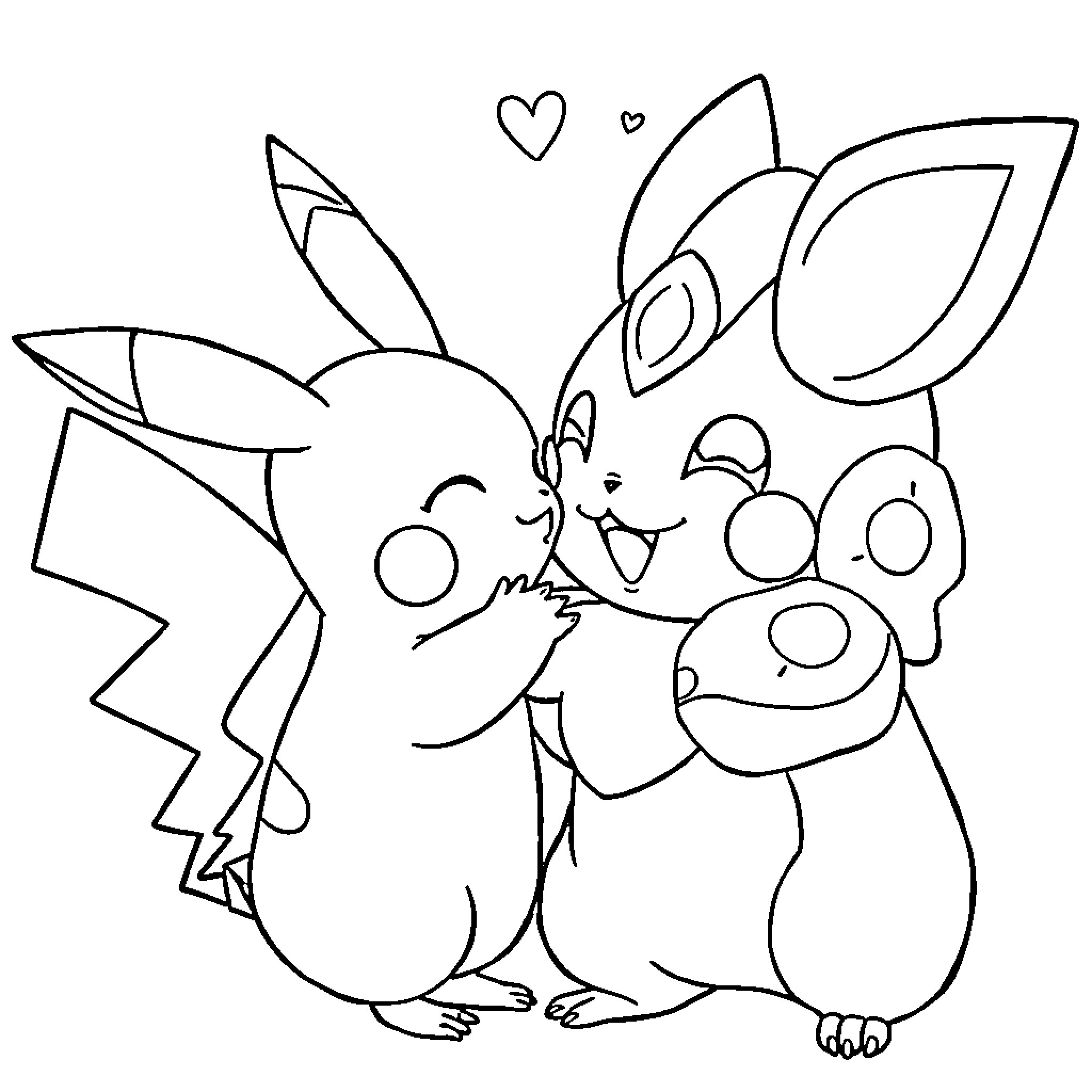 Pikachu hugging its cute partner Coloring Page (free black-and-white line drawing printable PDF for all, from beginners to advanced learners, including children, teens, adults, and seniors)
