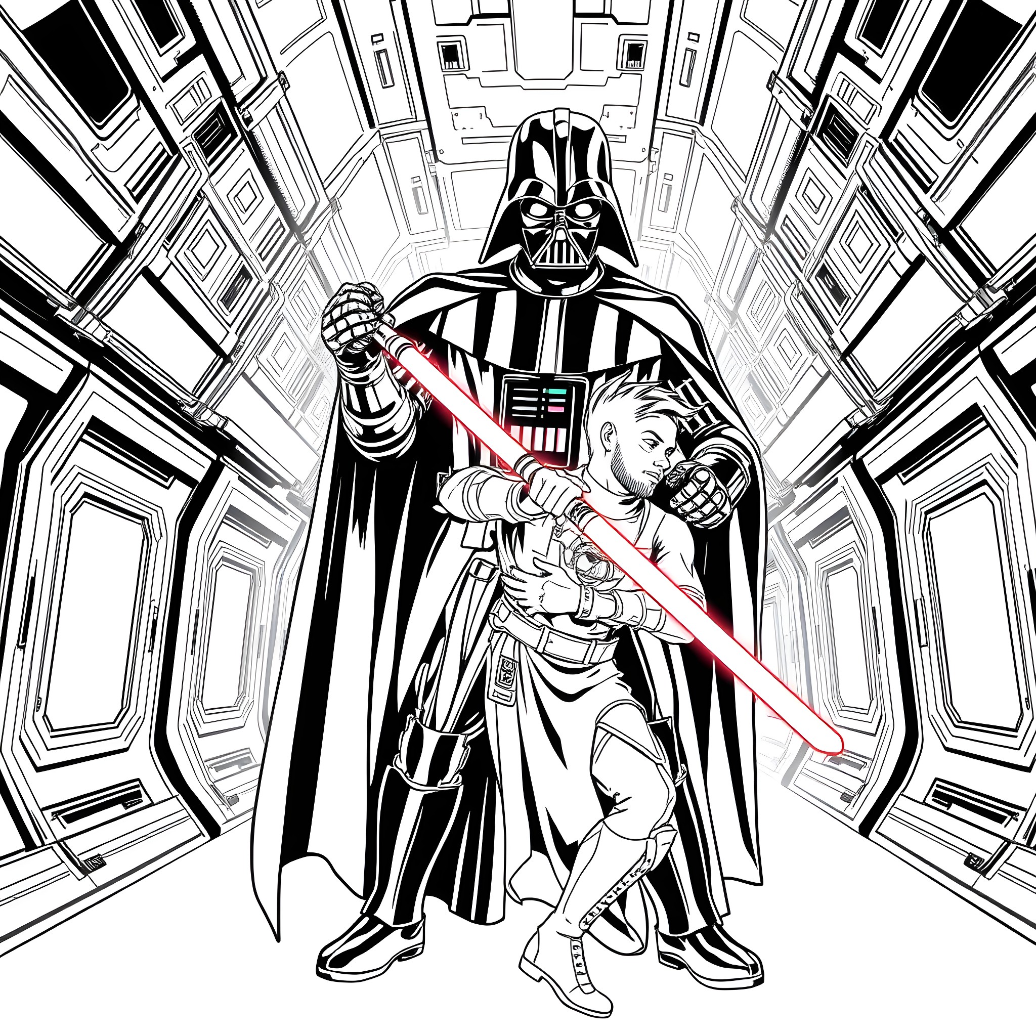 Darth Vader wielding lightsaber with young companion Coloring Page (free black-and-white line drawing printable PDF for all, from beginners to advanced learners, including children, teens, adults, and seniors)