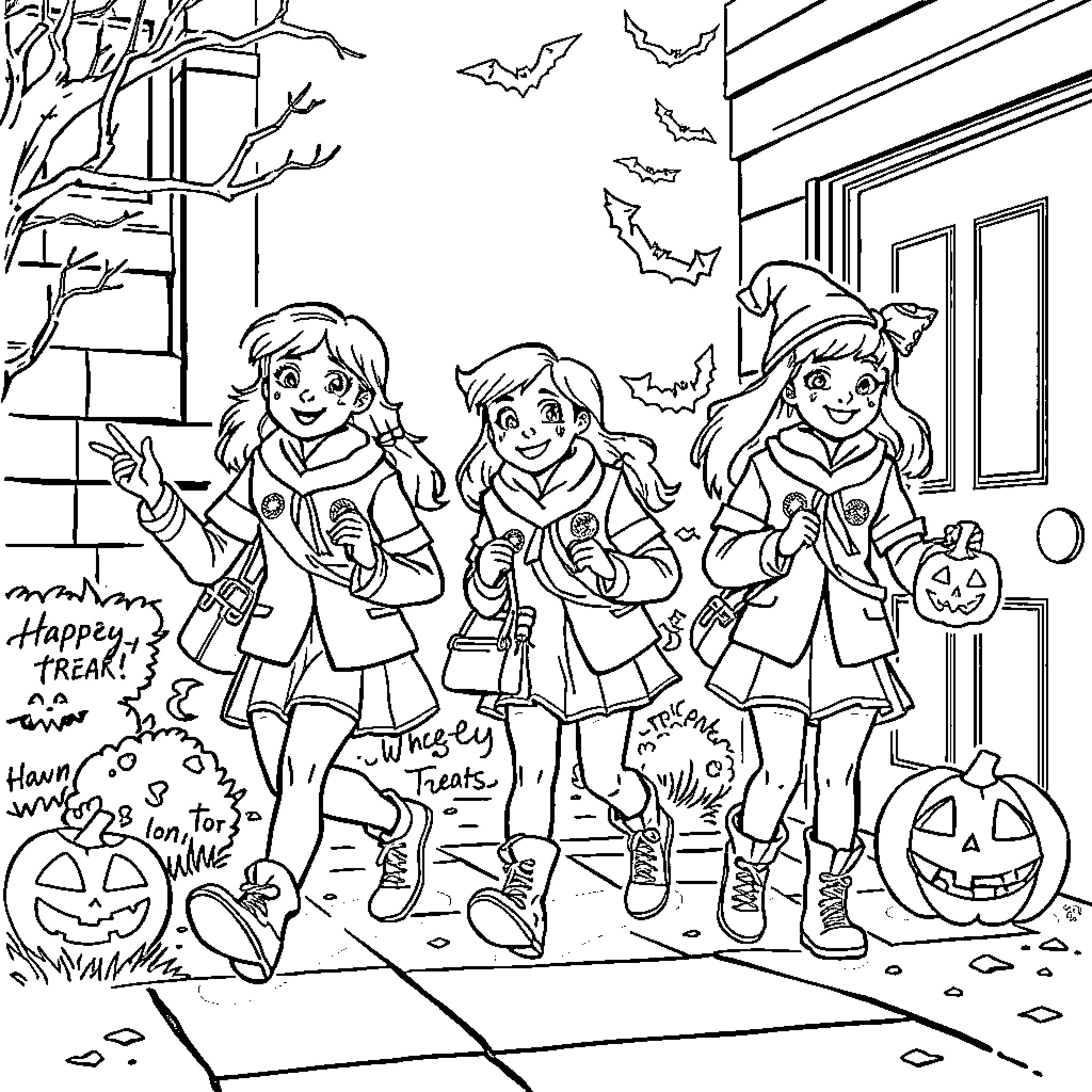Girl Scouts Trick-or-Treating on Halloween Coloring Page (free black-and-white line drawing printable PDF for all, from beginners to advanced learners, including children, teens, adults, and seniors)