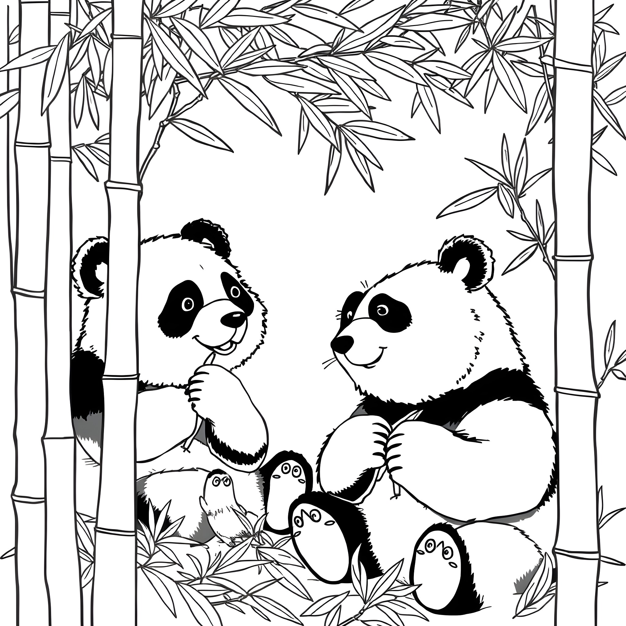 Panda cubs playing in the bamboo forest Coloring Page (free black-and-white line drawing printable PDF for all, from beginners to advanced learners, including children, teens, adults, and seniors)