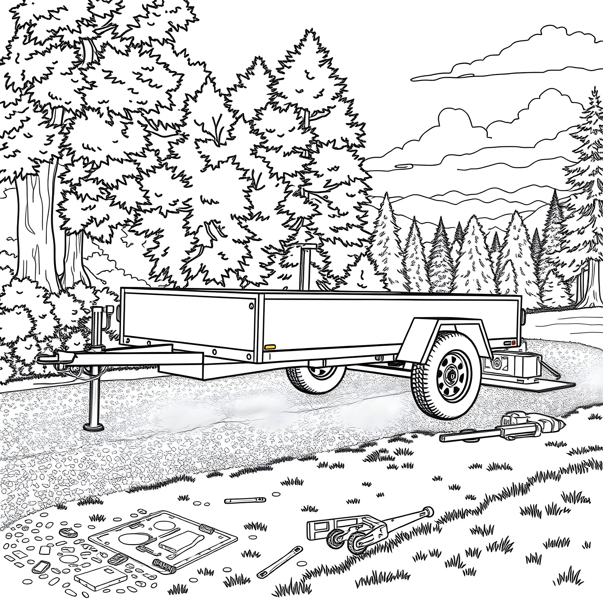 Car Trailer in Scenic Forest Landscape Coloring Page (free black-and-white line drawing printable PDF for all, from beginners to advanced learners, including children, teens, adults, and seniors)
