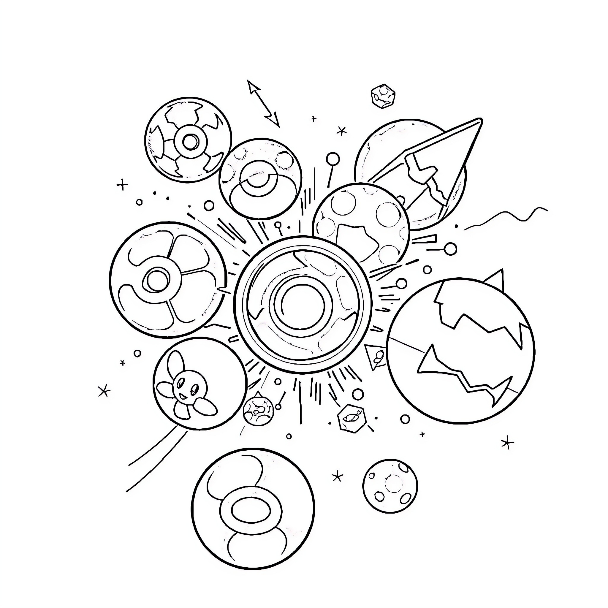 Pokémon in a cosmic adventure Coloring Page (free black-and-white line drawing printable PDF for all, from beginners to advanced learners, including children, teens, adults, and seniors)