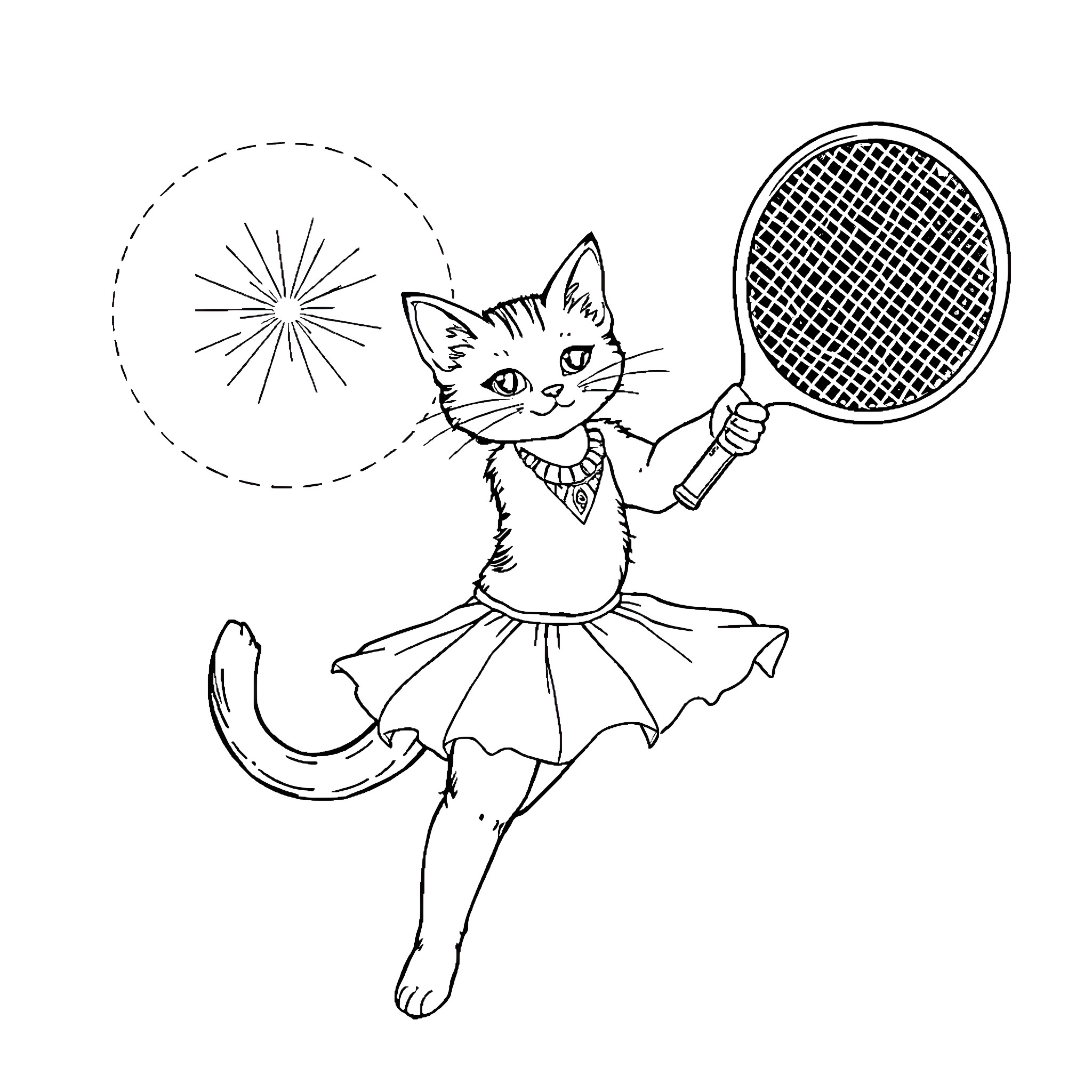 Kat playing tennis with a racket Coloring Page (free black-and-white line drawing printable PDF for all, from beginners to advanced learners, including children, teens, adults, and seniors)