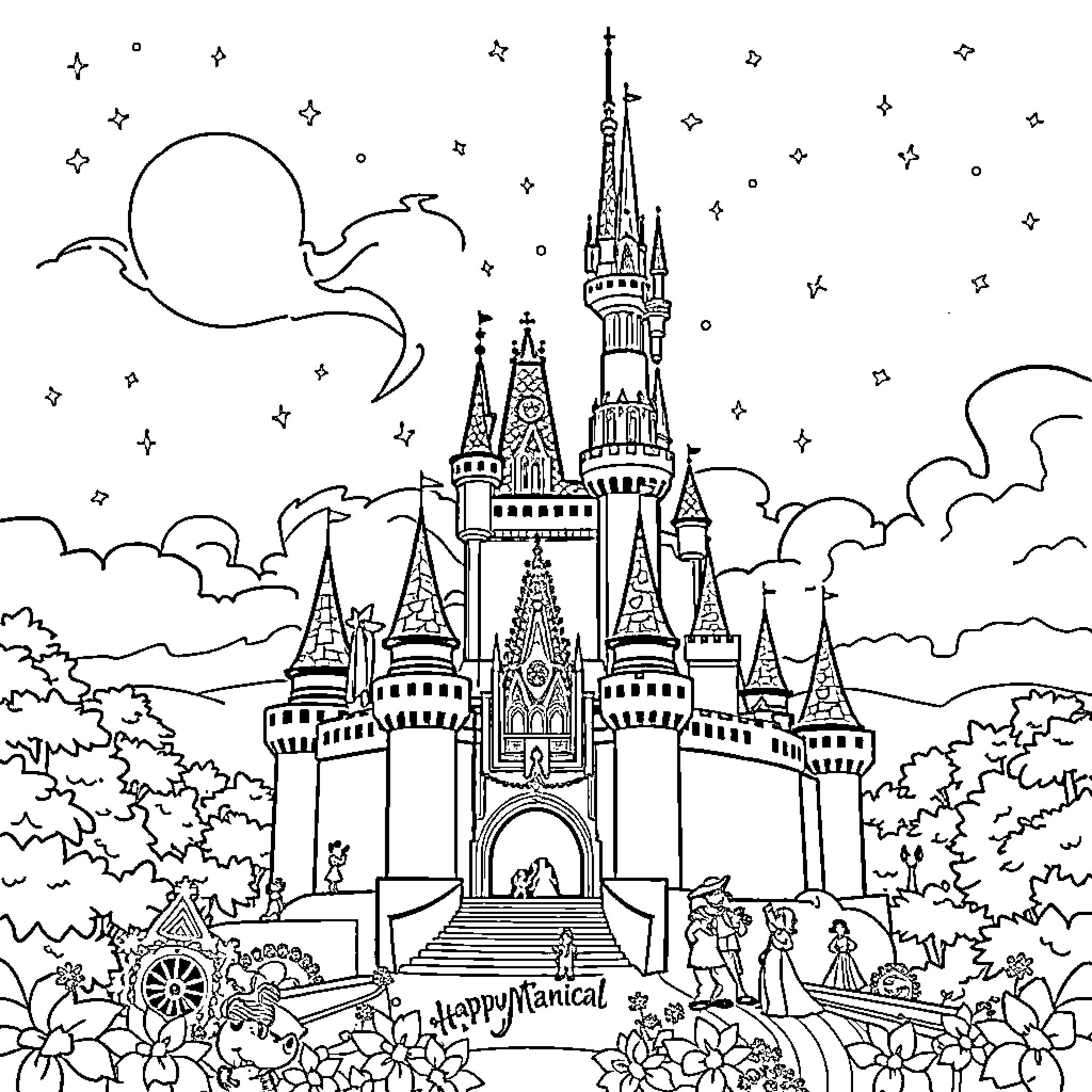 Disney Castle Fairytale Scene with Whimsical Details Coloring Page (free black-and-white line drawing printable PDF for all, from beginners to advanced learners, including children, teens, adults, and seniors)