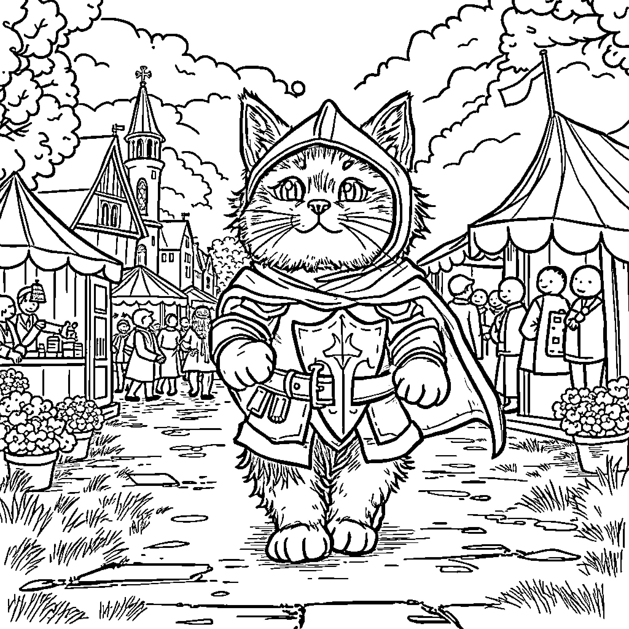 Cat in Costume at Carnival Festival Coloring Page (free black-and-white line drawing printable PDF for all, from beginners to advanced learners, including children, teens, adults, and seniors)