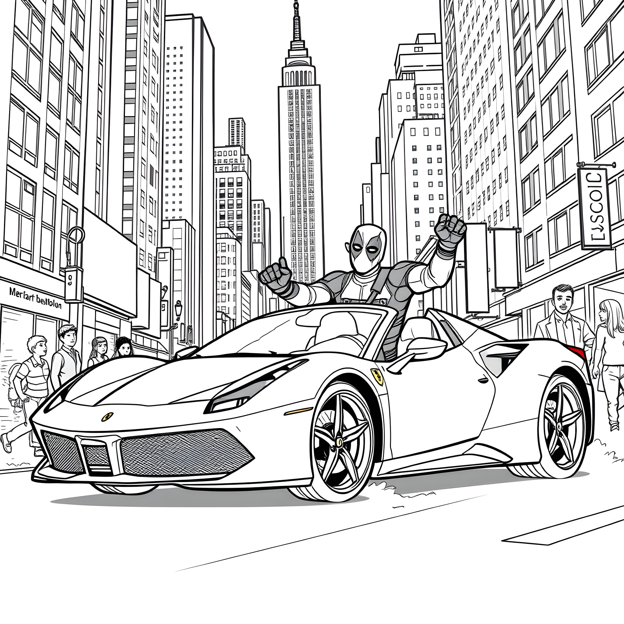 Deadpool's Thrilling New York City Adventure Coloring Page (free black-and-white line drawing printable PDF for all, from beginners to advanced learners, including children, teens, adults, and seniors)