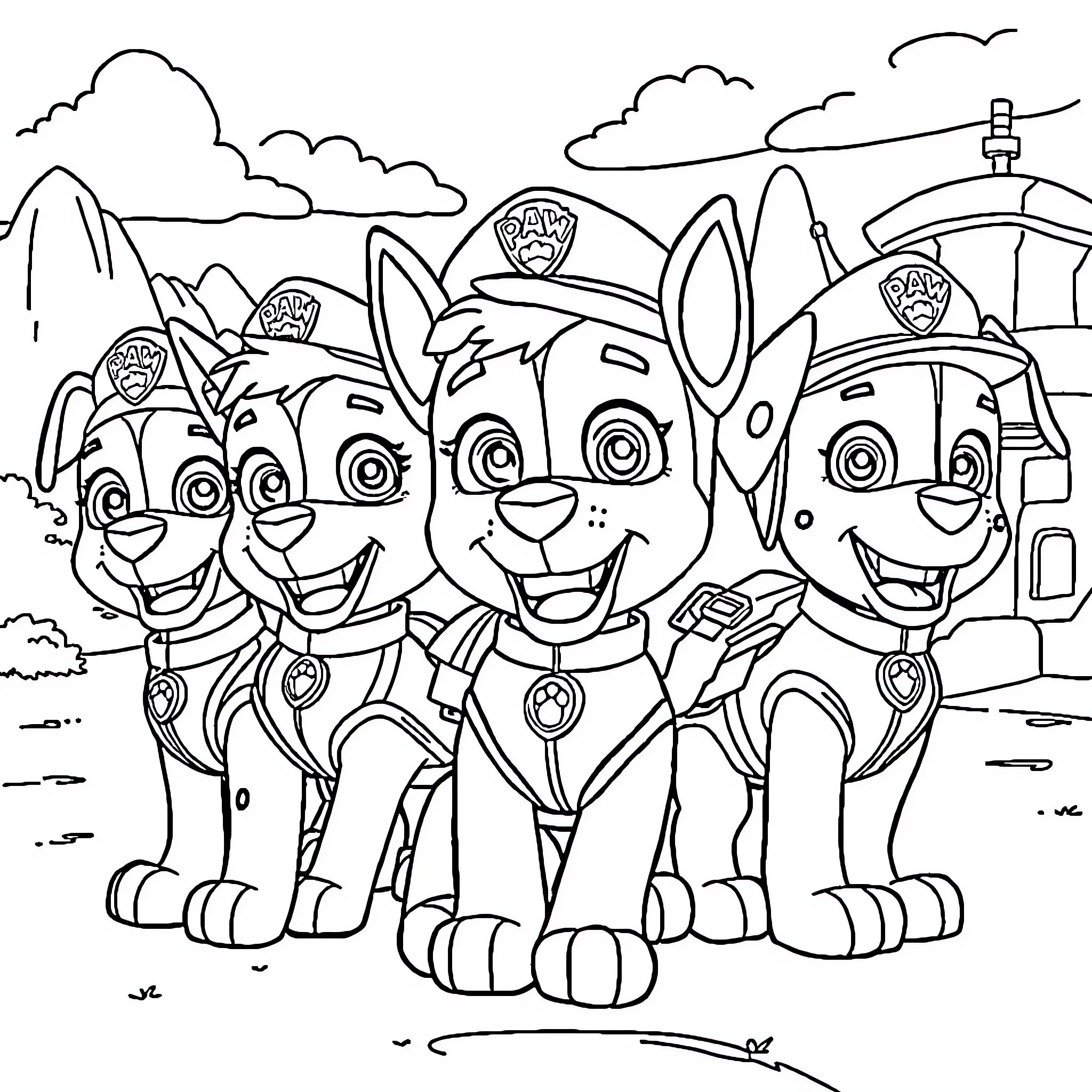 Paw Patrol friends in their uniforms and gear Coloring Page (free black-and-white line drawing printable PDF for all, from beginners to advanced learners, including children, teens, adults, and seniors)