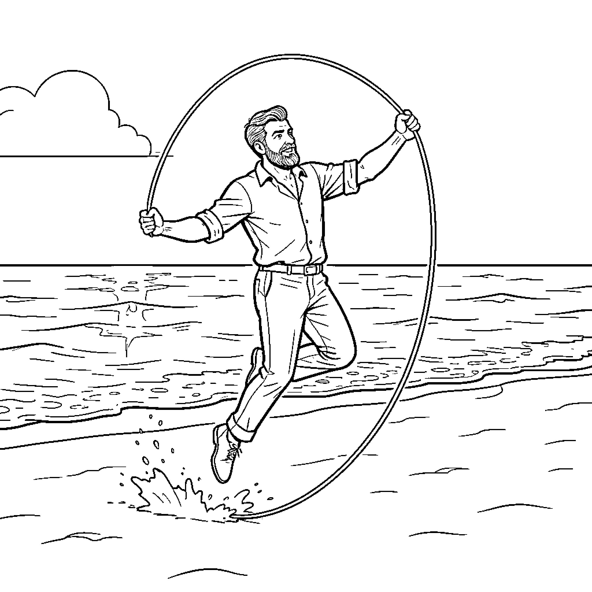 Barman casting fishing line in the ocean Coloring Page (free black-and-white line drawing printable PDF for all, from beginners to advanced learners, including children, teens, adults, and seniors)