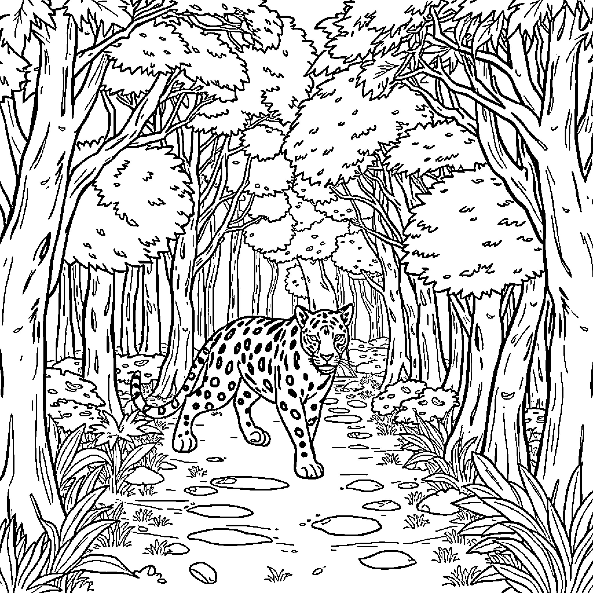 Pantera Rosa in the Enchanted Forest Coloring Page (free black-and-white line drawing printable PDF for all, from beginners to advanced learners, including children, teens, adults, and seniors)