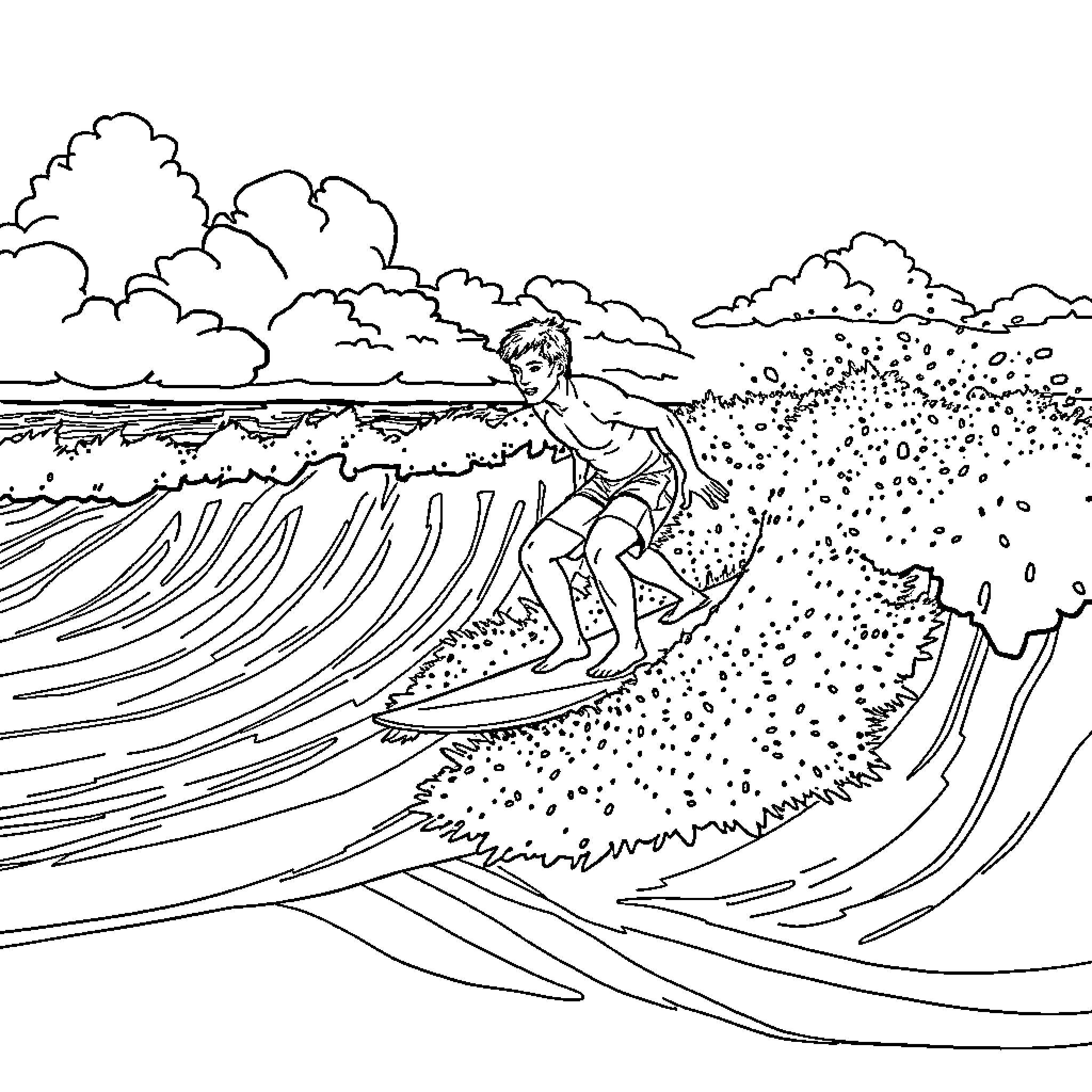 Guy surfing the big waves with skill Coloring Page (free black-and-white line drawing printable PDF for all, from beginners to advanced learners, including children, teens, adults, and seniors)