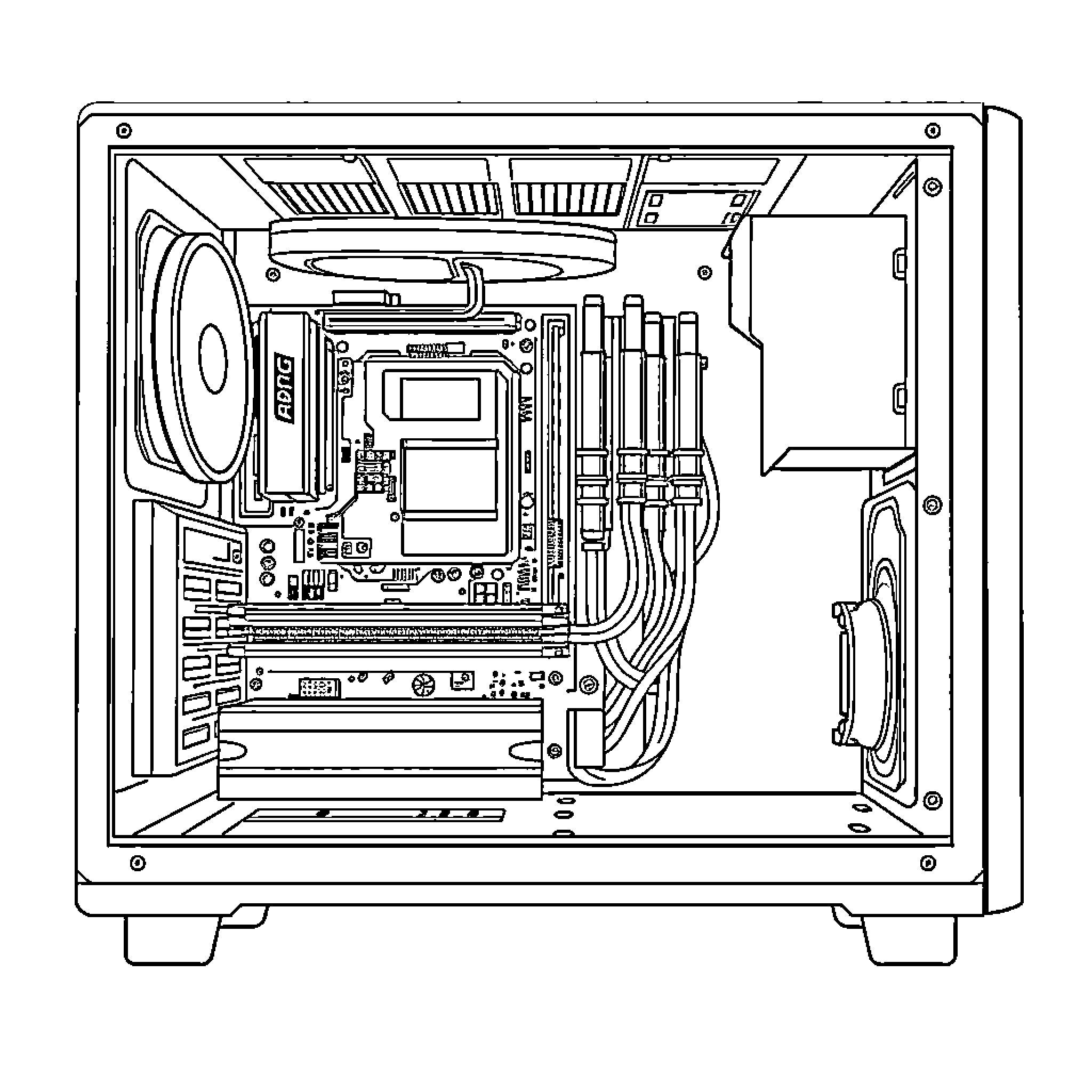 Computer Interior Hardware Components Display Coloring Page (free black-and-white line drawing printable PDF for all, from beginners to advanced learners, including children, teens, adults, and seniors)