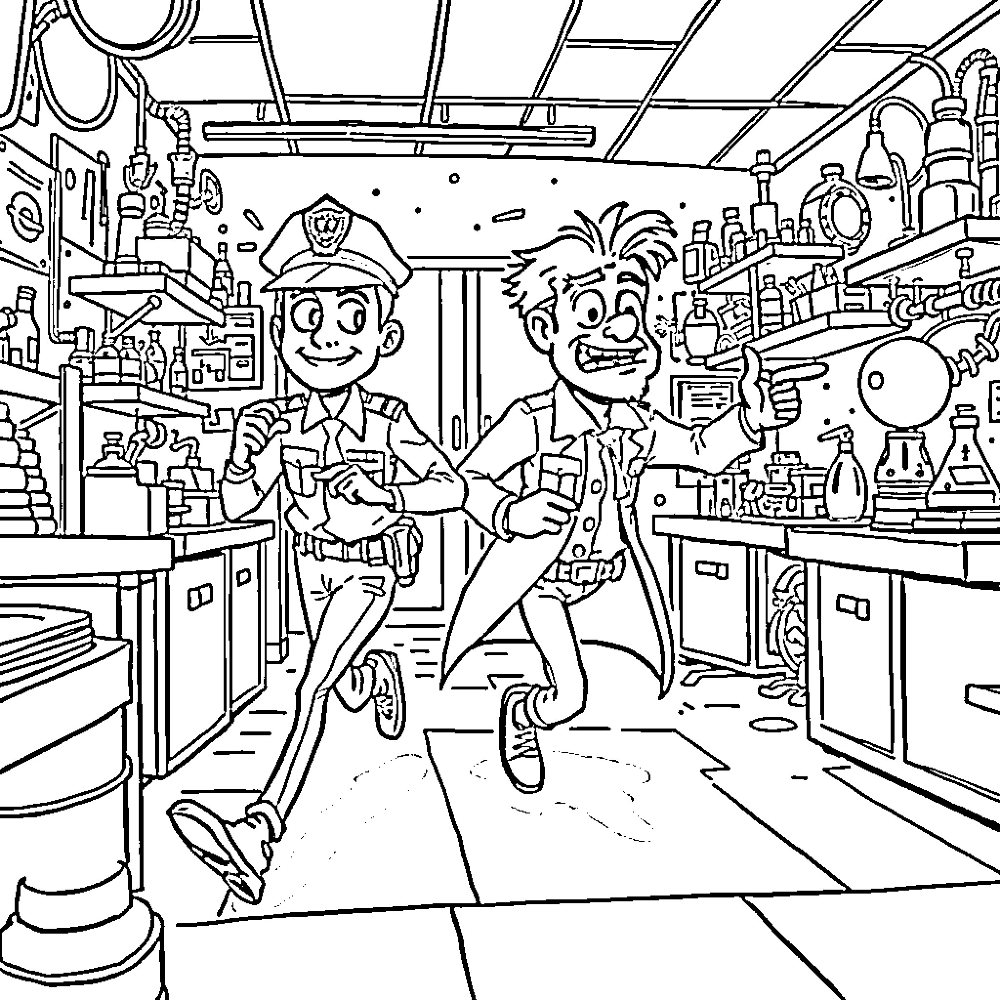 Police Officers Investigating a Laboratory Scene Coloring Page (free black-and-white line drawing printable PDF for all, from beginners to advanced learners, including children, teens, adults, and seniors)