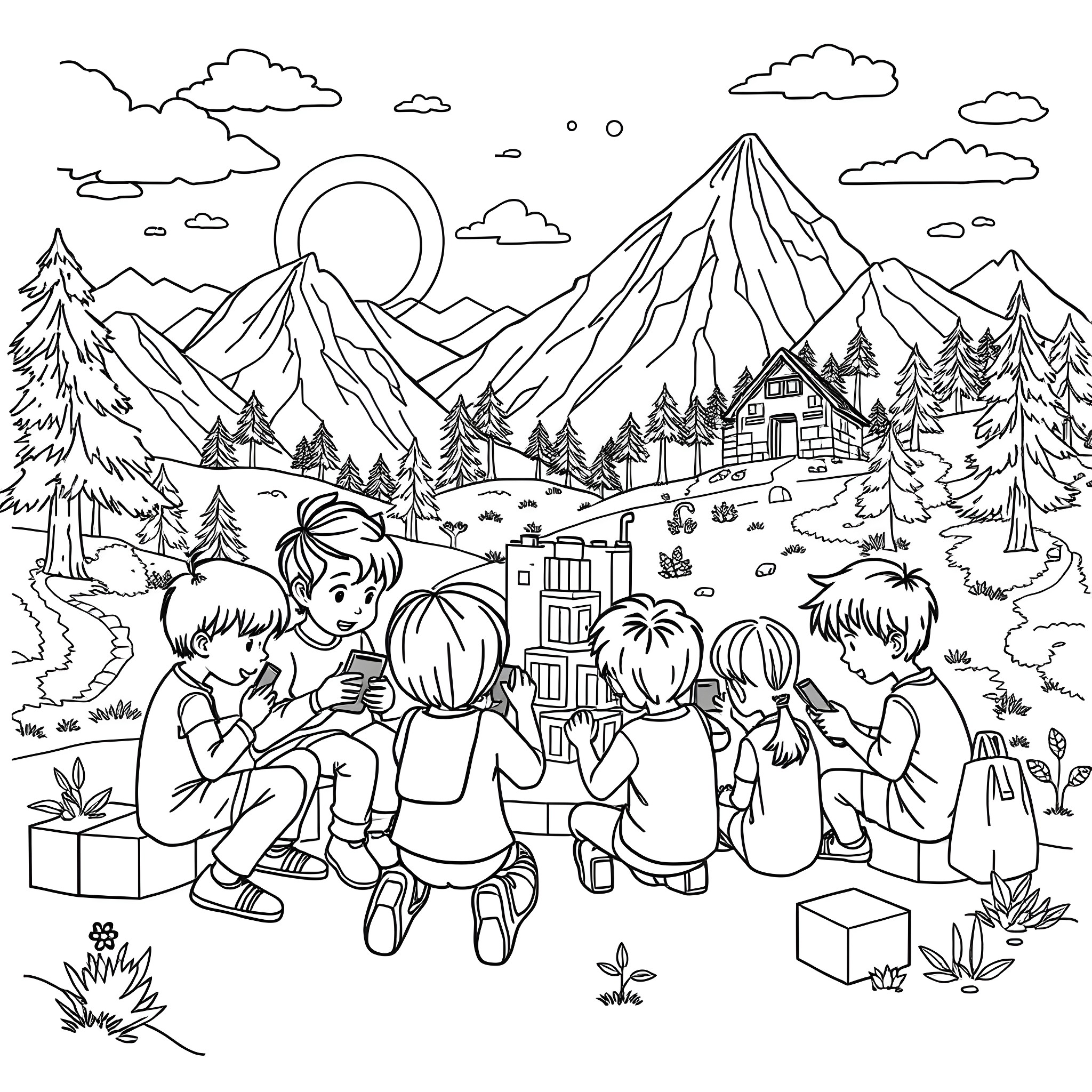 Minecraft friends enjoying a scenic mountain landscape Coloring Page (free black-and-white line drawing printable PDF for all, from beginners to advanced learners, including children, teens, adults, and seniors)
