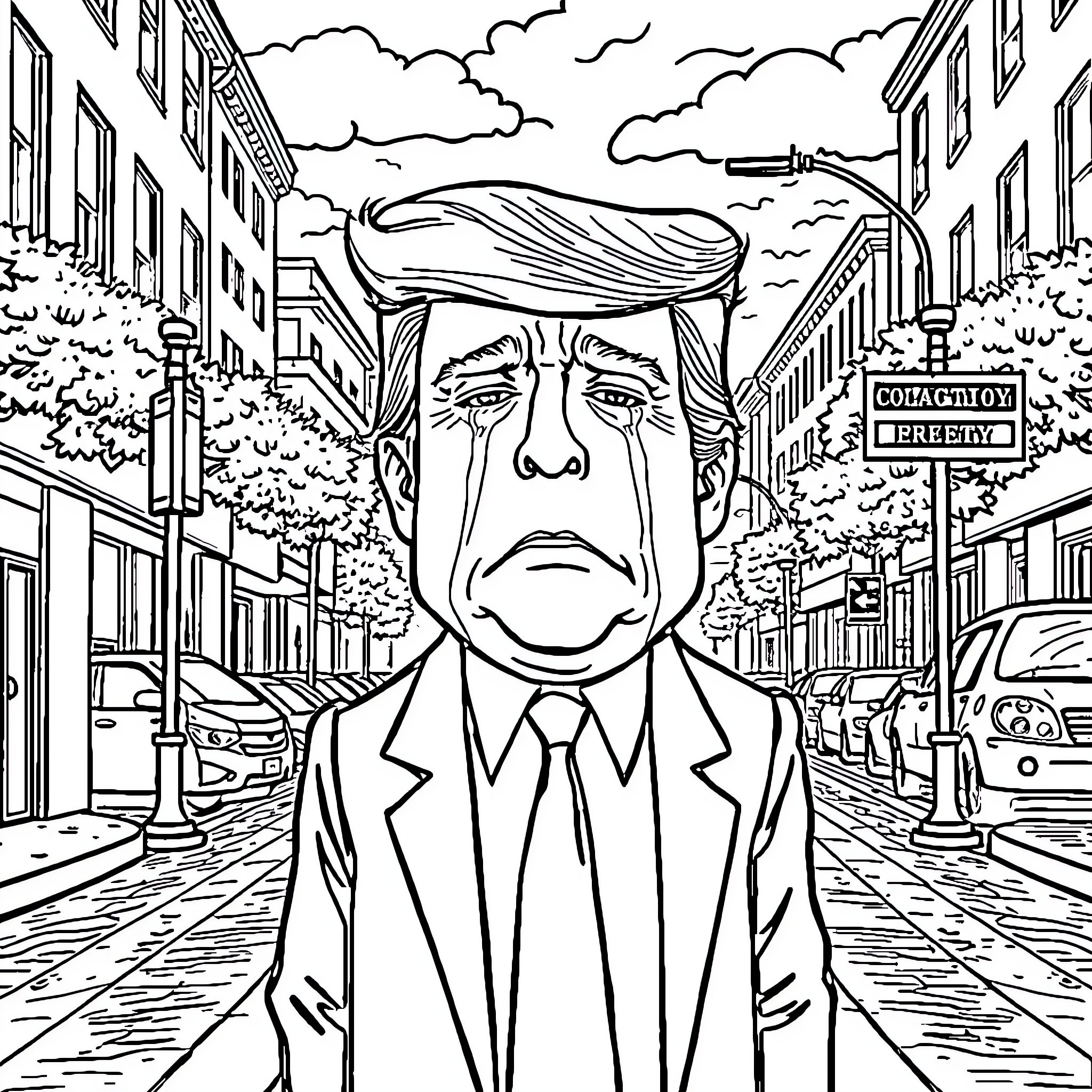 Donald Trump in a Grim Street Scene Coloring Page (free black-and-white line drawing printable PDF for all, from beginners to advanced learners, including children, teens, adults, and seniors)