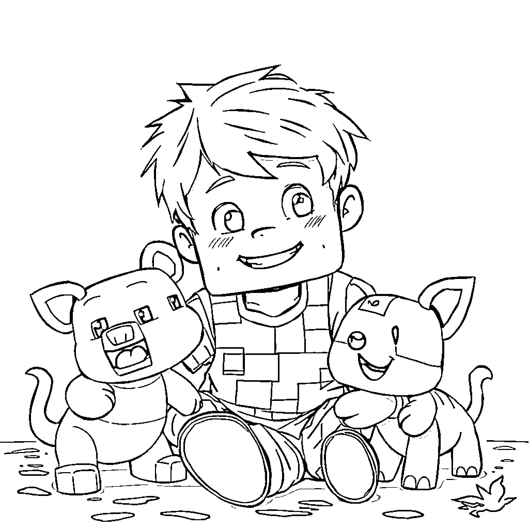 Minecraft Character with Playful Pets Coloring Page (free black-and-white line drawing printable PDF for all, from beginners to advanced learners, including children, teens, adults, and seniors)