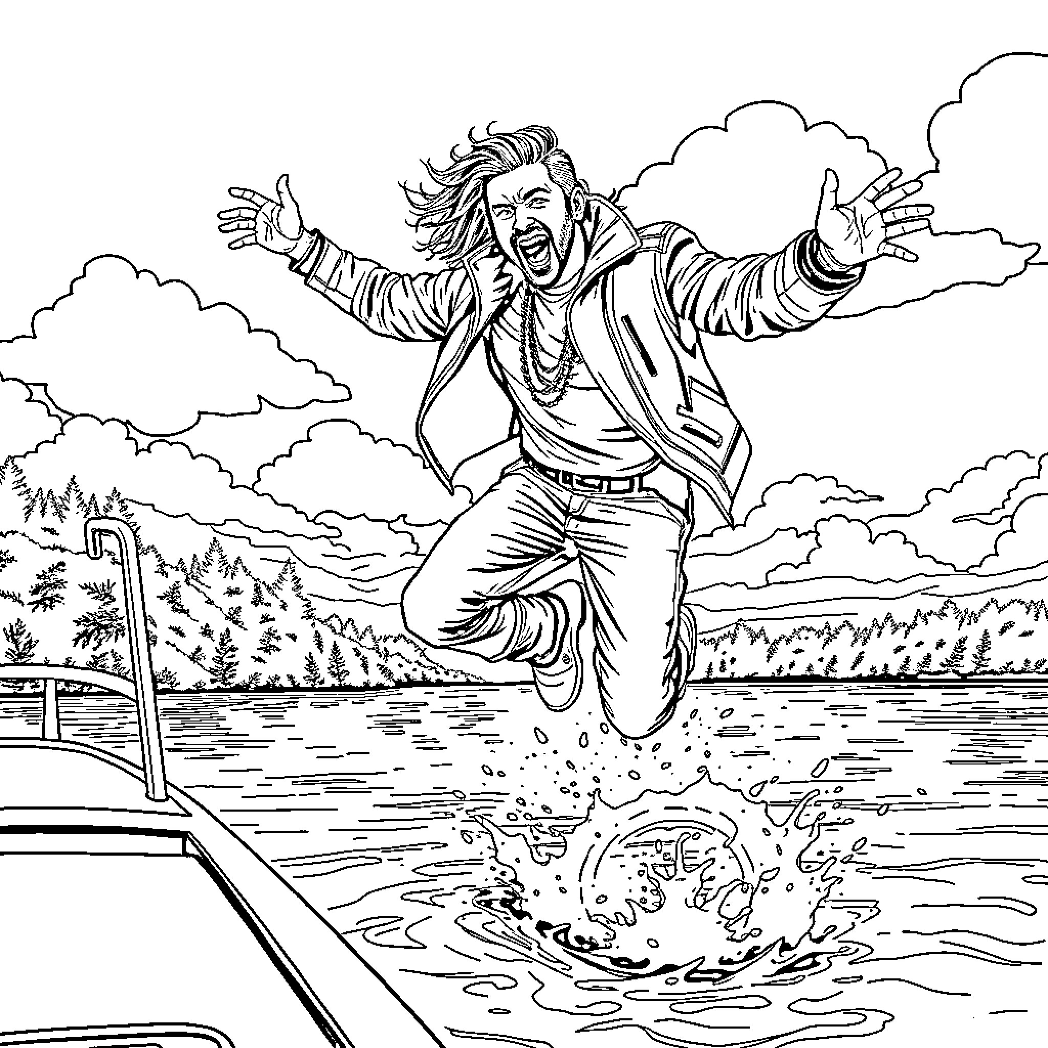 Axl Rose jumping joyfully into a lake on a cloudy day Coloring Page (free black-and-white line drawing printable PDF for all, from beginners to advanced learners, including children, teens, adults, and seniors)