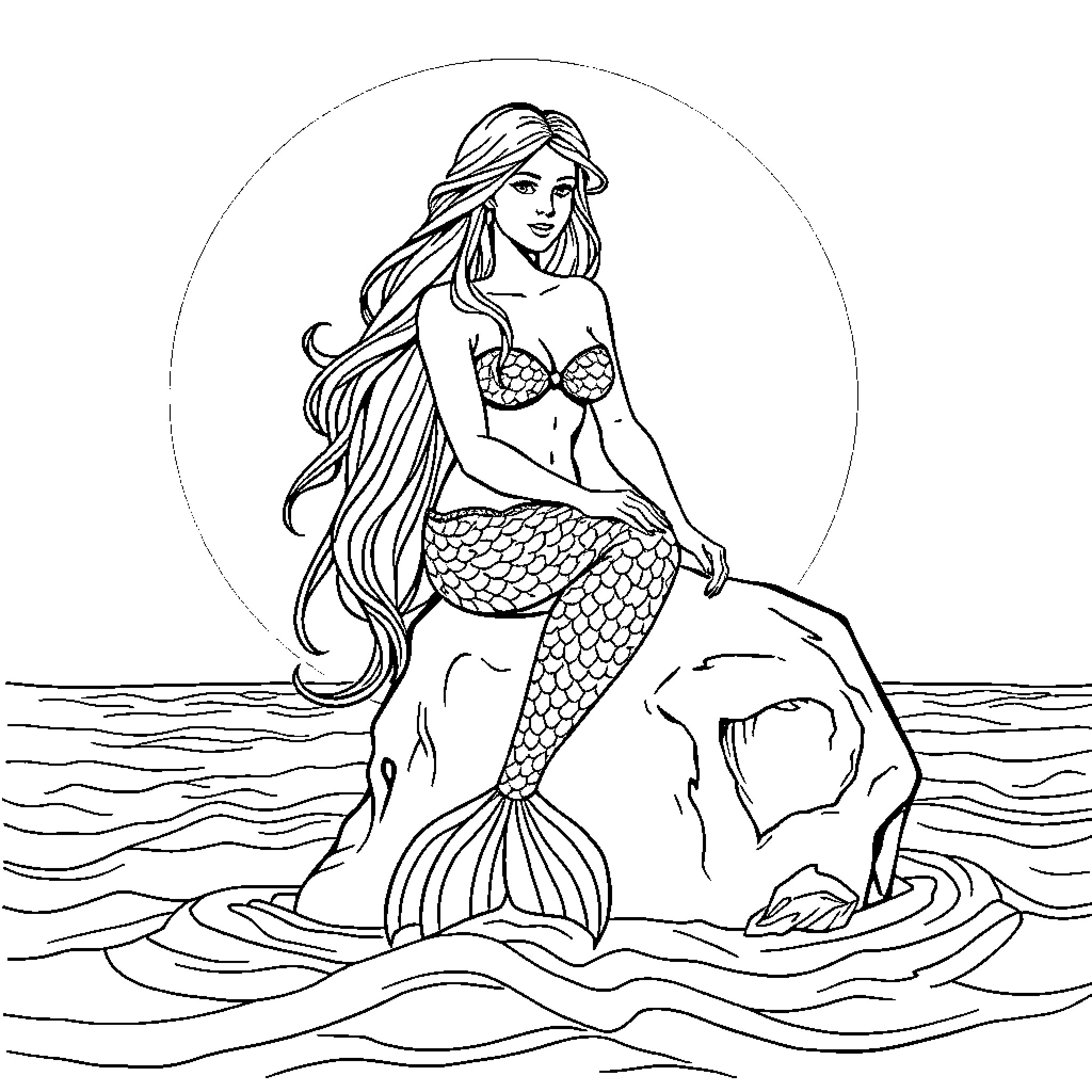 Mermaid relaxing in the ocean waves Coloring Page (free black-and-white line drawing printable PDF for all, from beginners to advanced learners, including children, teens, adults, and seniors)