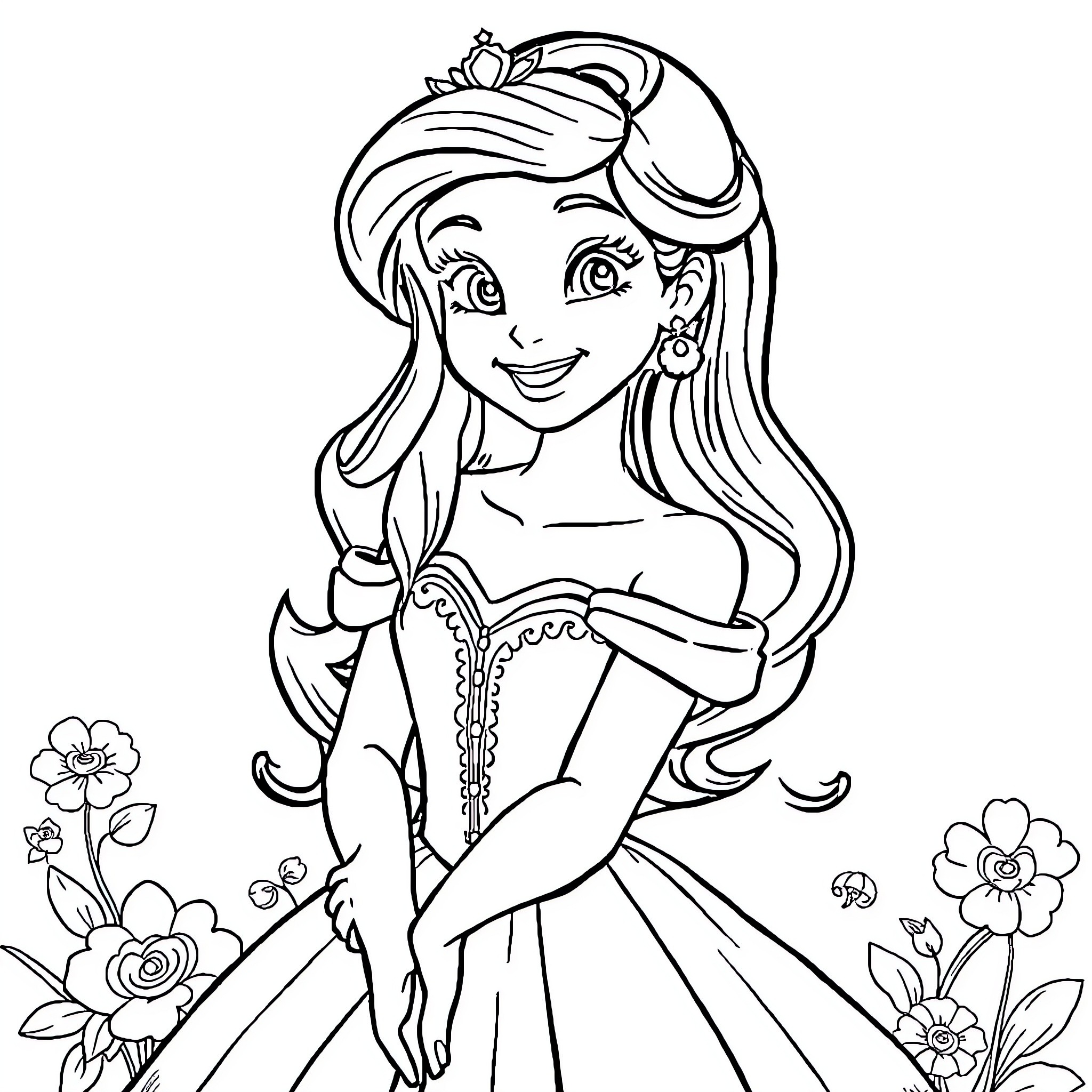 Sendy Belle's Charming Dress and Floral Surroundings Coloring Page (free black-and-white line drawing printable PDF for all, from beginners to advanced learners, including children, teens, adults, and seniors)