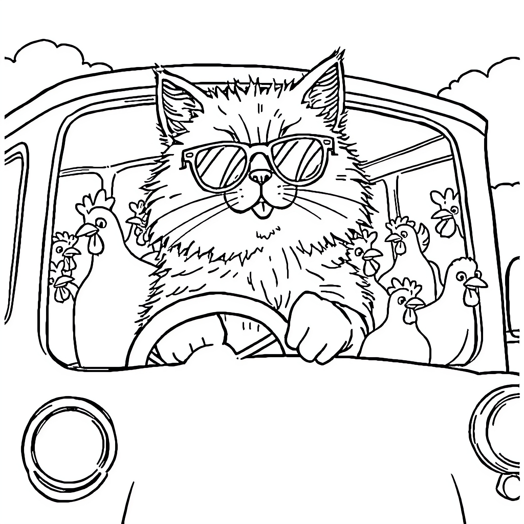 Cat cruising in a cool car Coloring Page (free black-and-white line drawing printable PDF for all, from beginners to advanced learners, including children, teens, adults, and seniors)
